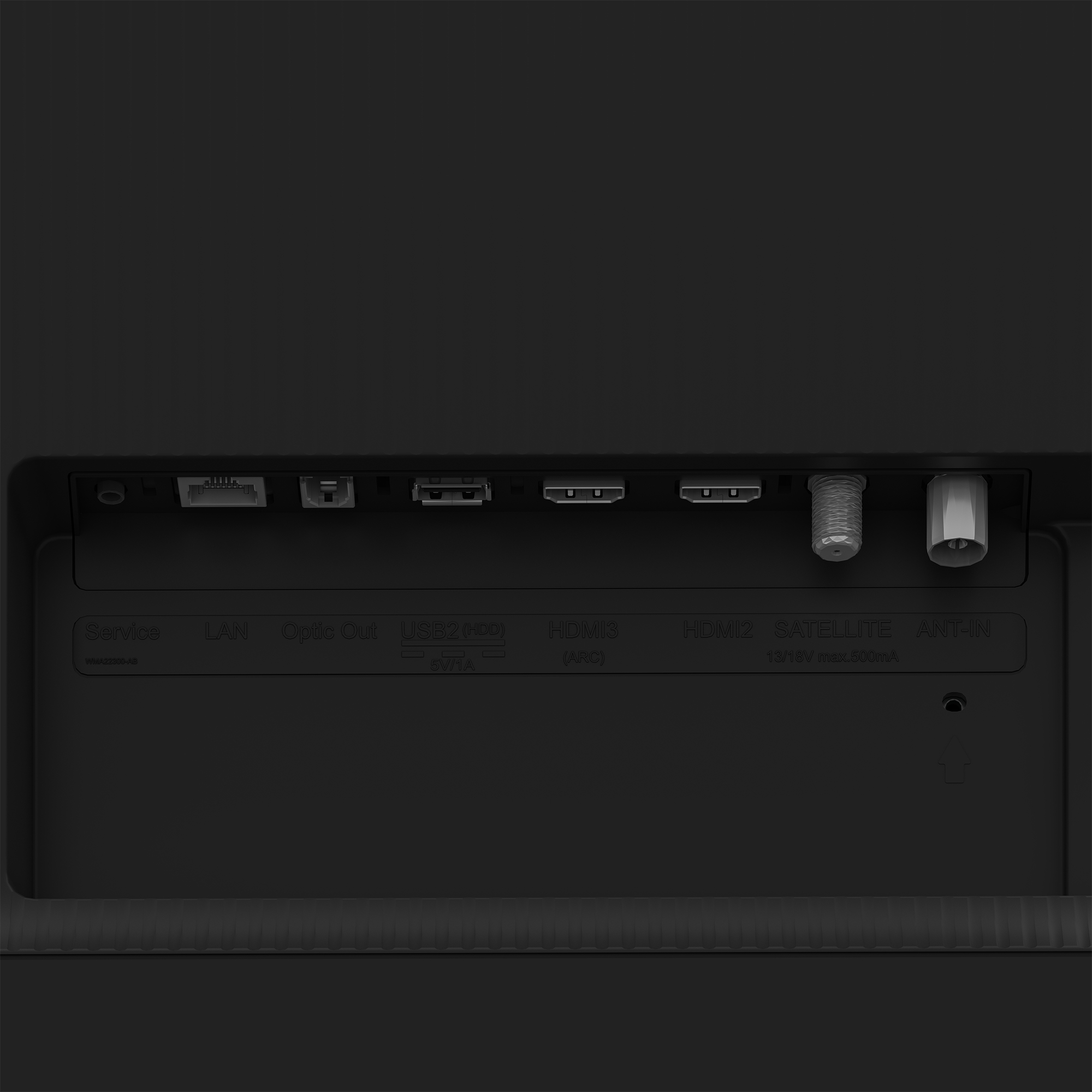 Panel trasero del televisor: puertos como servicio, LAN, salida óptica, USB, HDMI, satélite y entrada de antena.