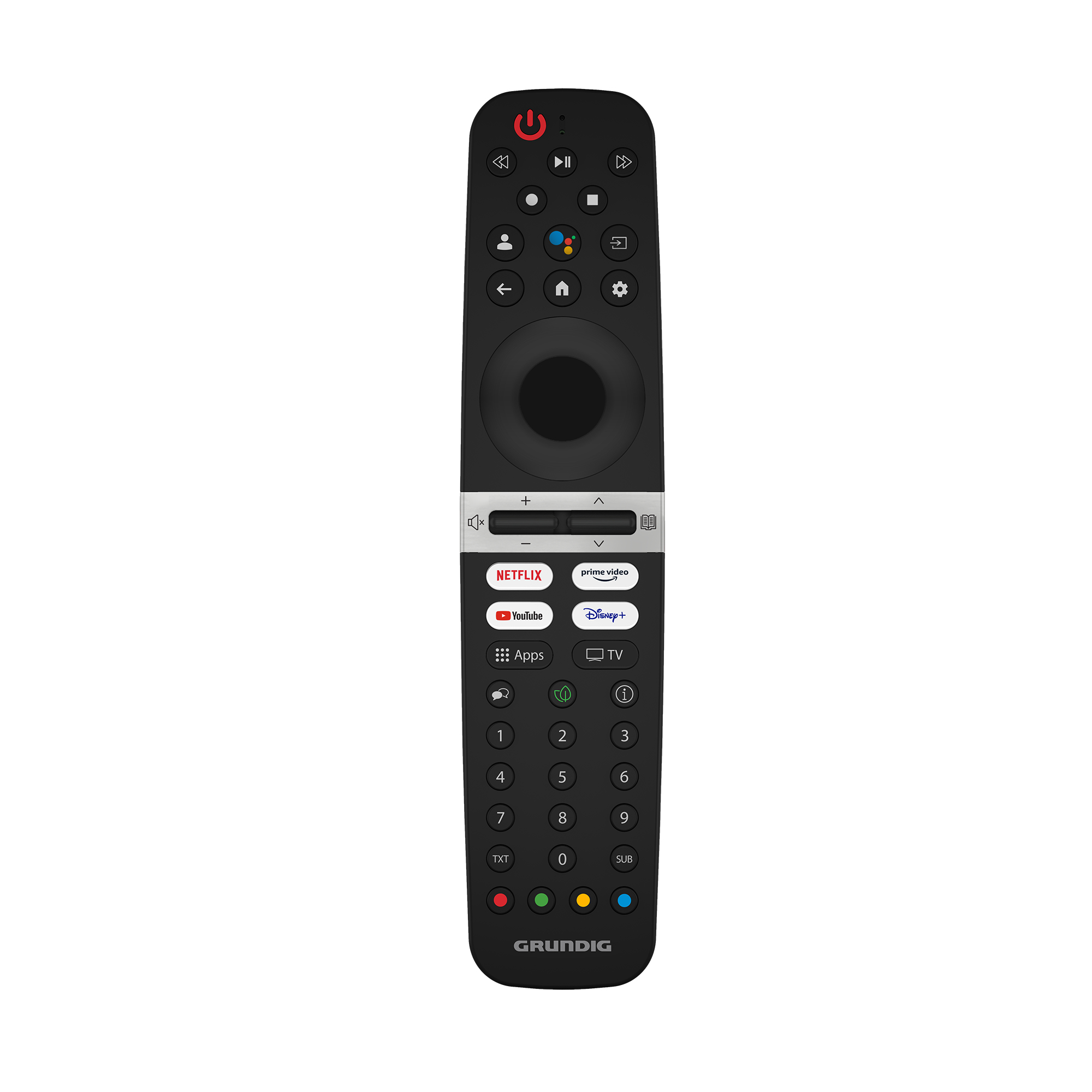 Mando a distancia Grundig TV. Es negro y tiene botones para funciones de TV y aplicaciones.