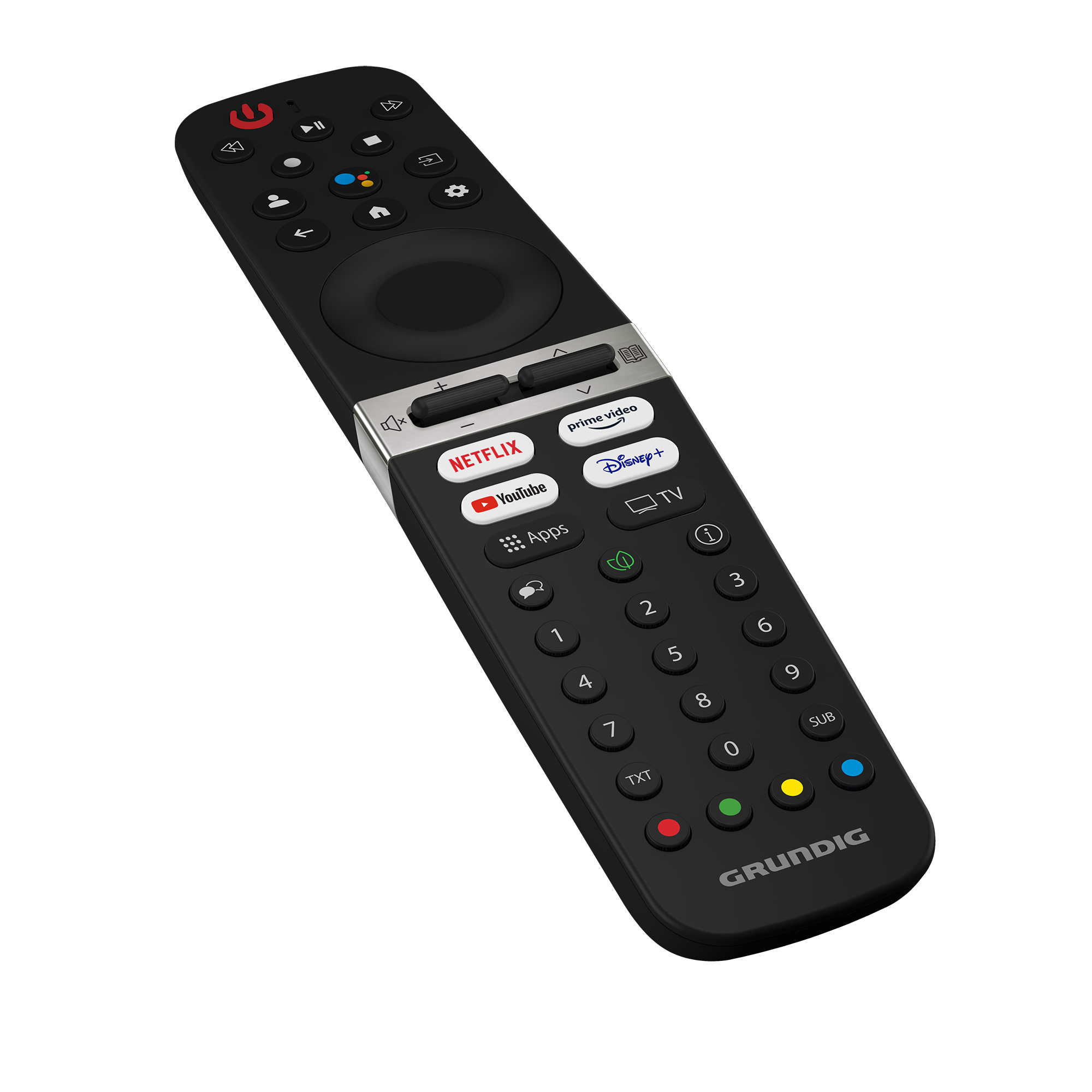 Un control remoto Grundig negro con varios botones, incluyendo Netflix y YouTube.