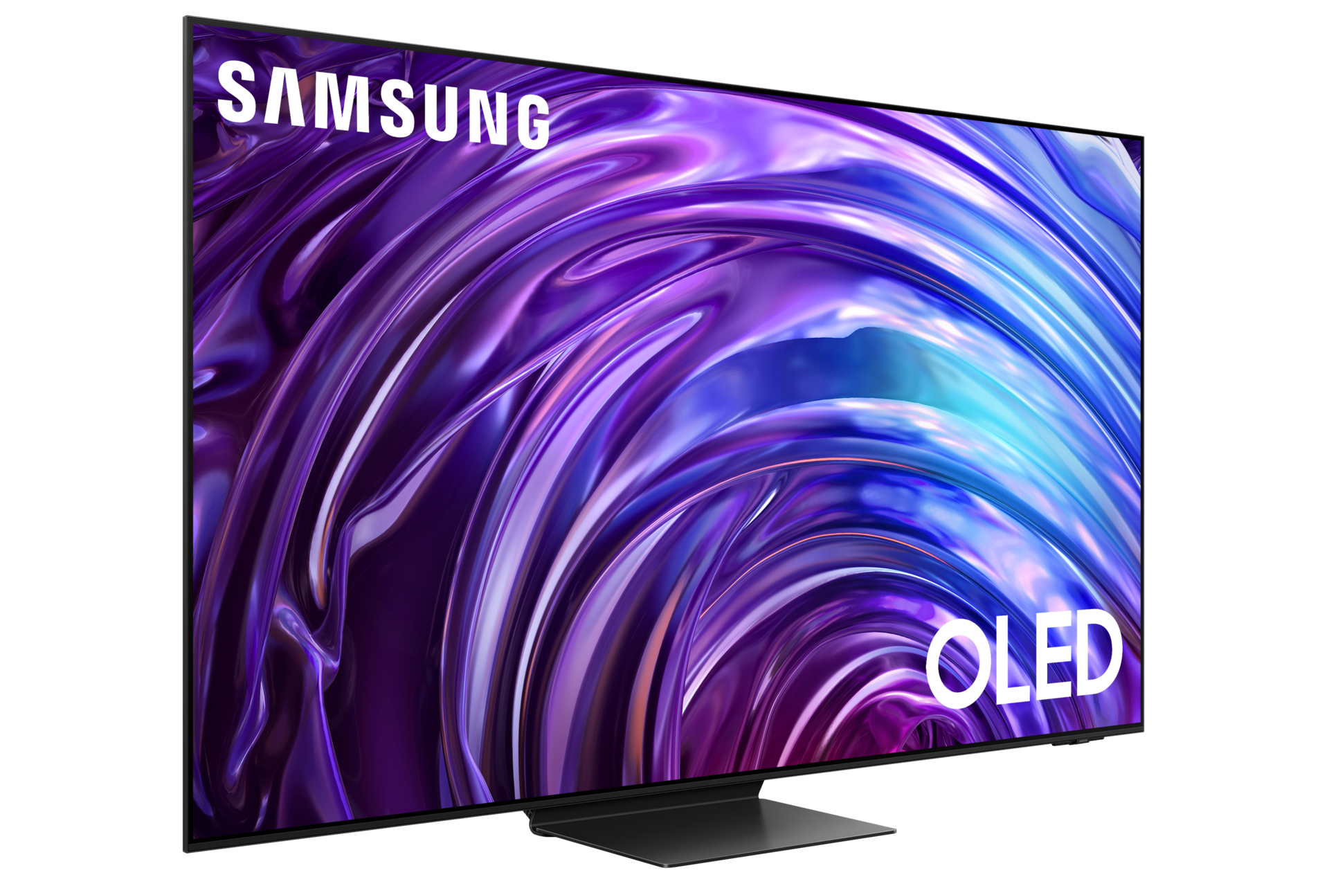 Gebogener Samsung OLED-Fernseher mit einem wirbelnden abstrakten Design in Lila und Blau.