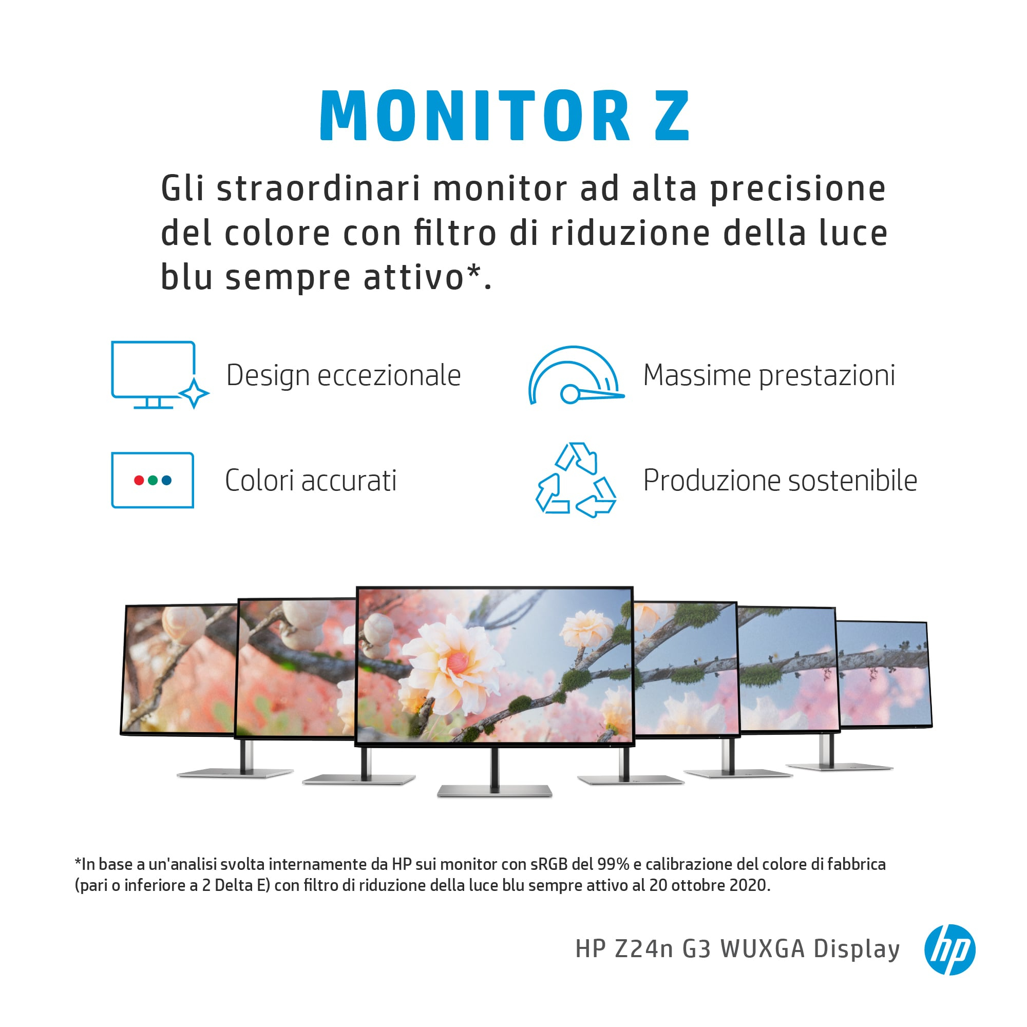 Monitorwerbung, zeigt mehrere Bildschirme mit einem Blumenbild.