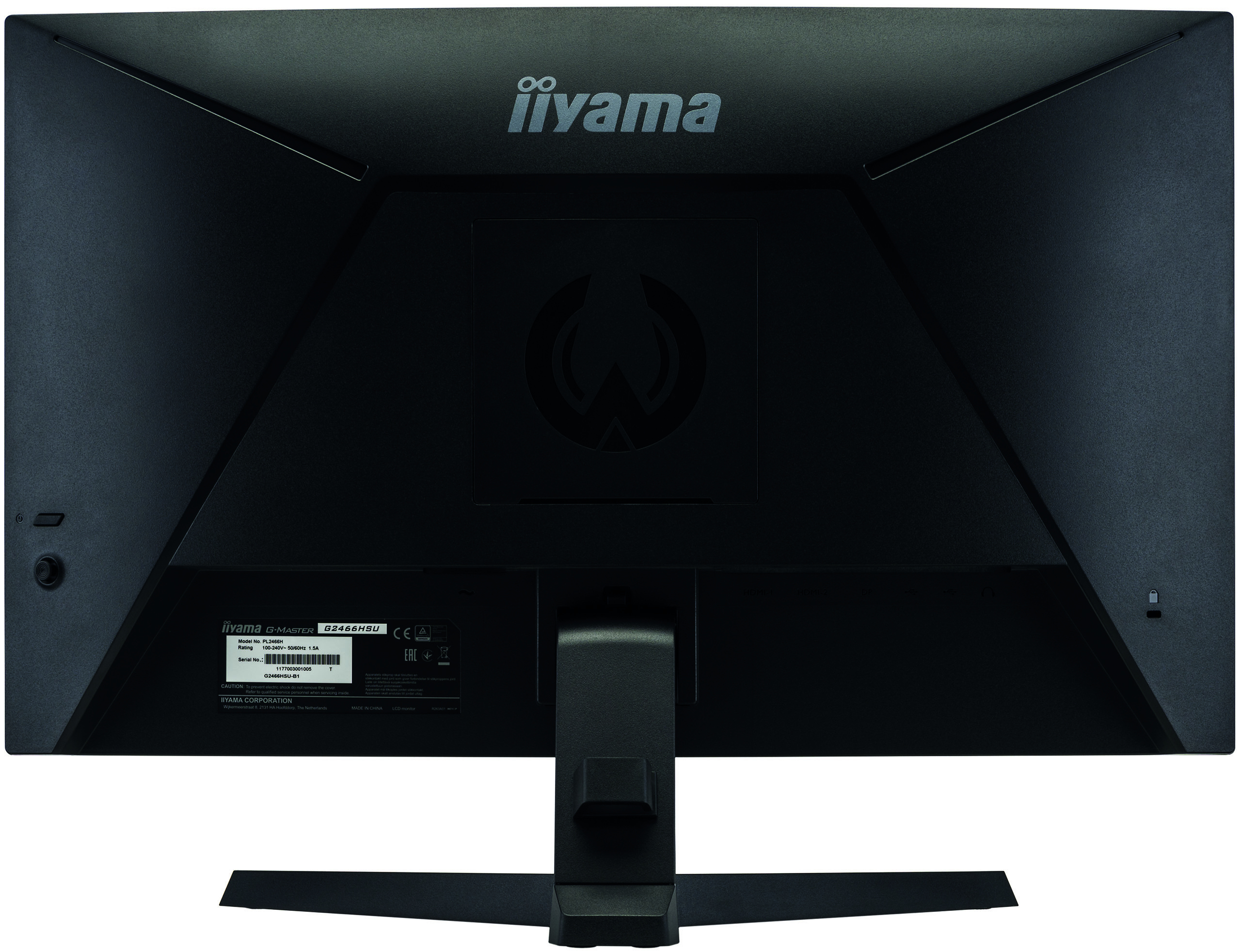 Rückseite eines schwarzen iiyama-Monitors mit iiyama-Logo, Anschlüssen und Ständer.