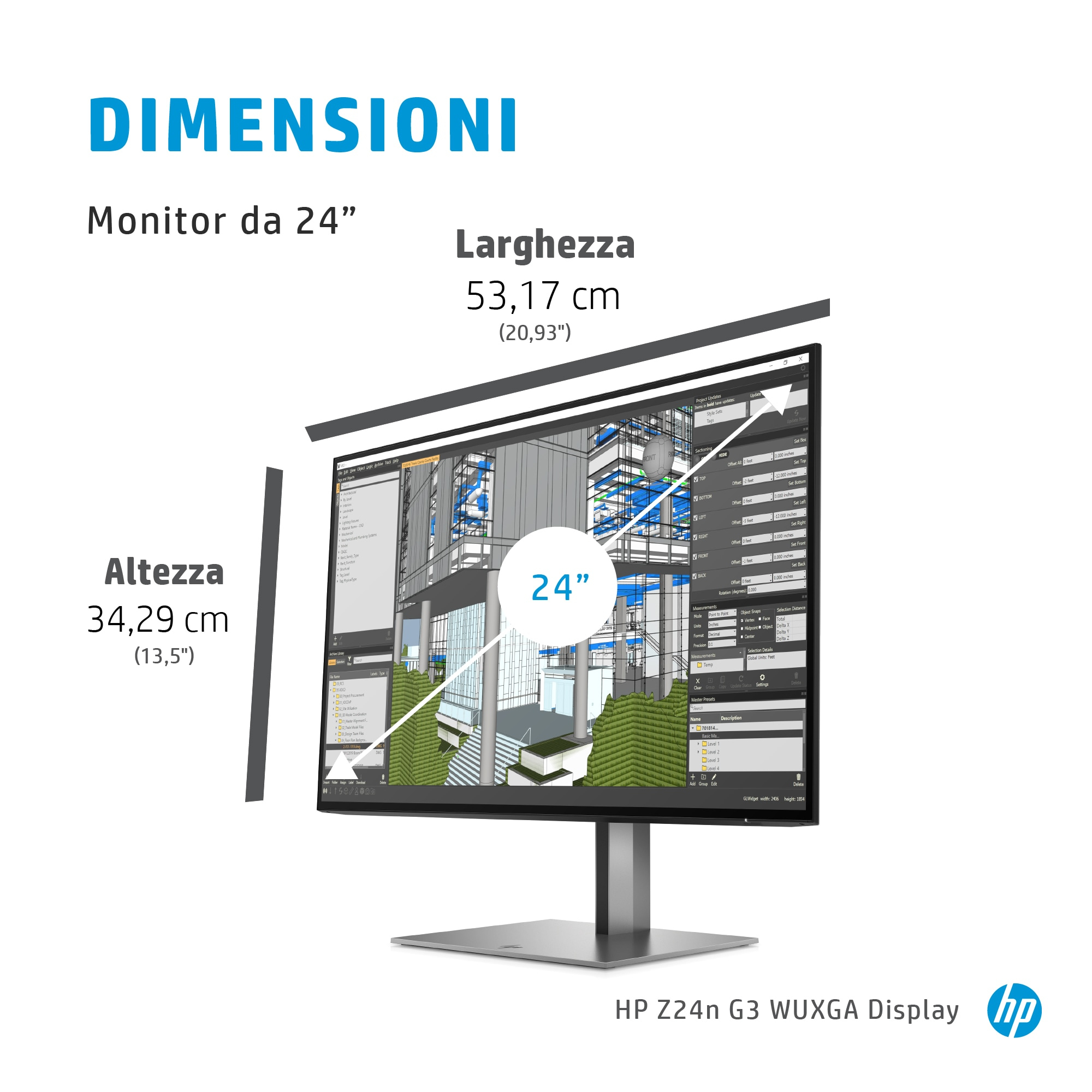 HP Monitor-Anzeigemaße. 24 Zoll, 53,17 cm Breite, 34,29 cm Höhe.