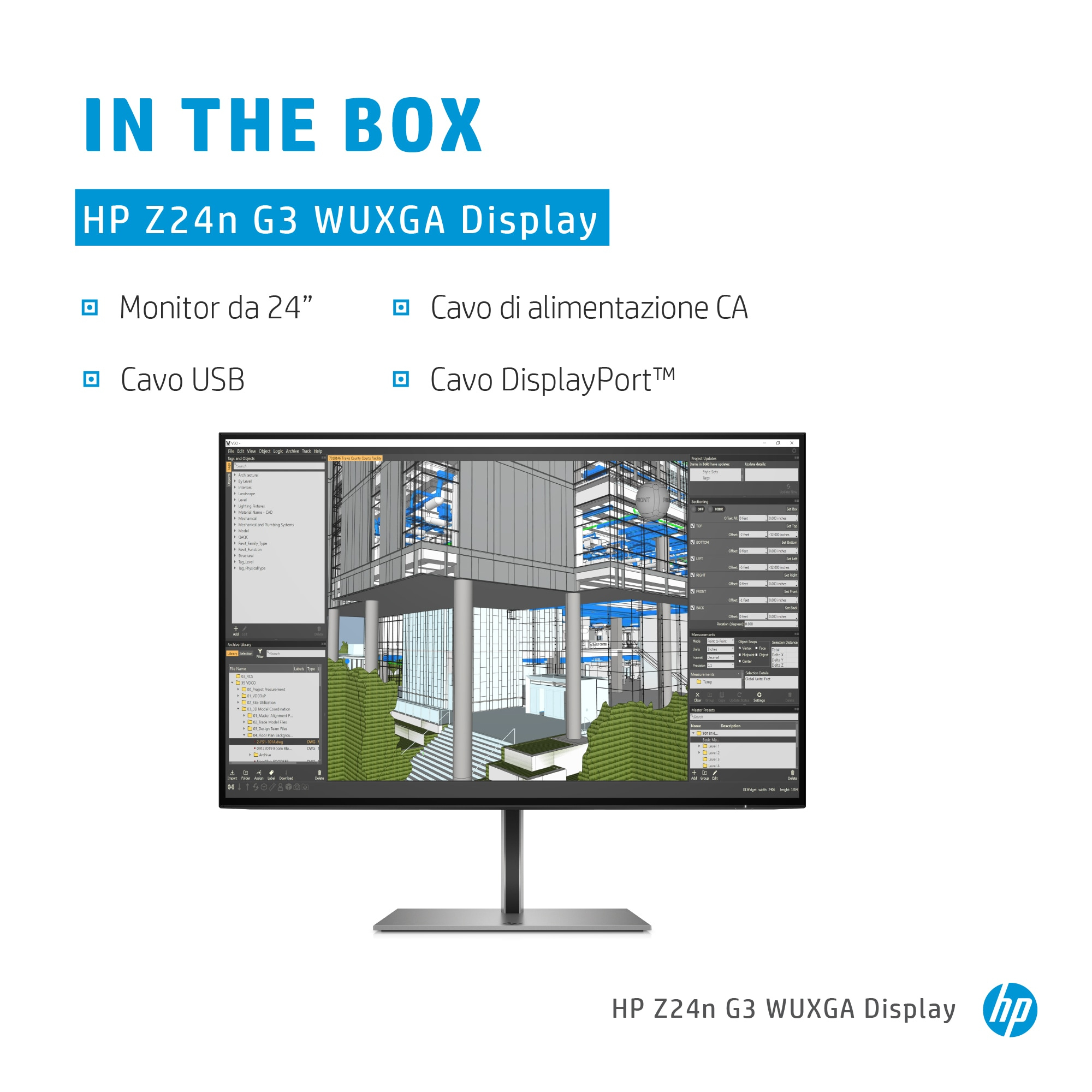 HP Z24n G3 WUXGA Display Bildschirm. Monitor, Kabel und Text. Zeigt Software-Oberfläche auf dem Bildschirm.