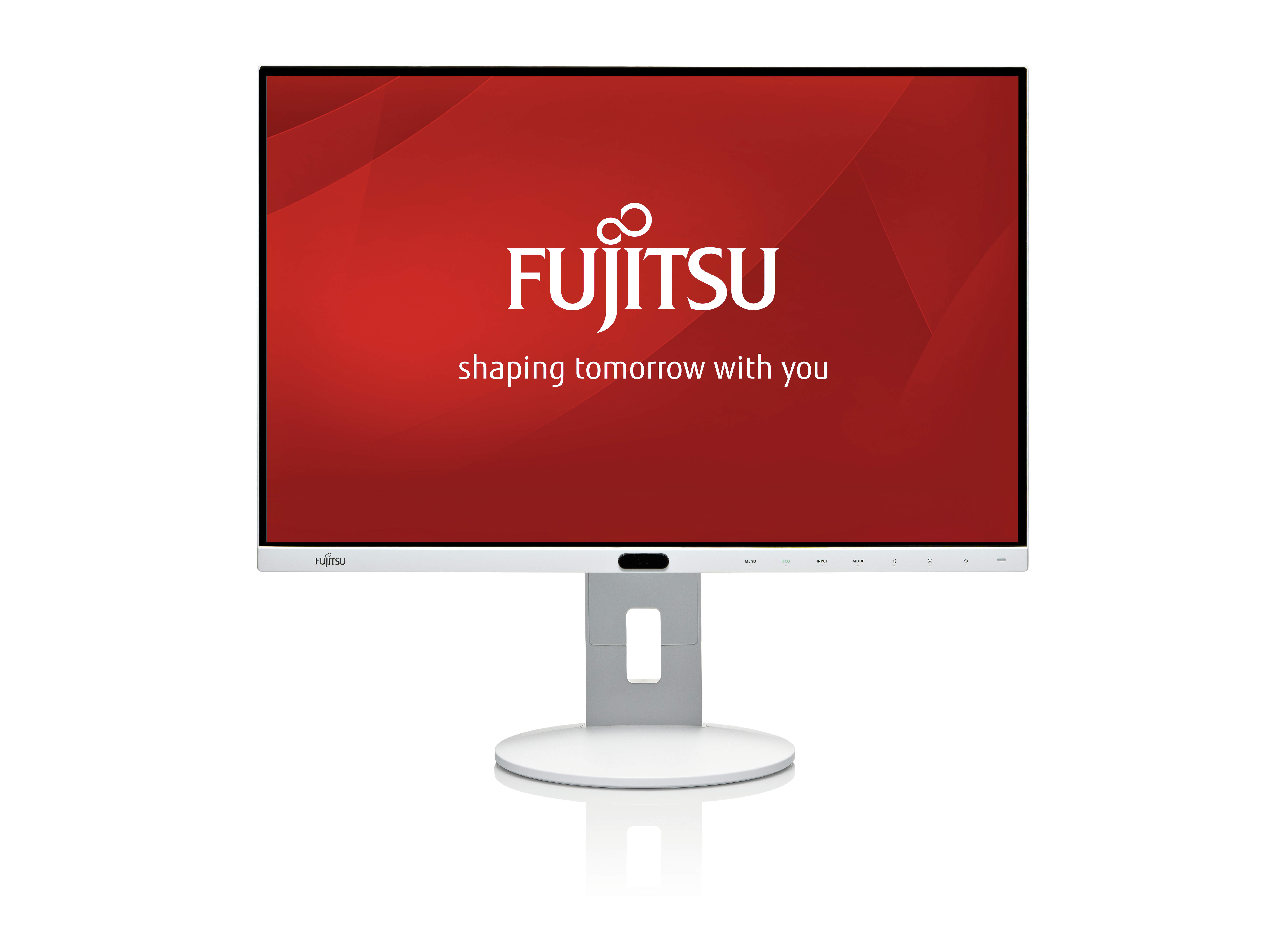 Fujitsu-Monitor. Weißer Rahmen und Sockel. Der Bildschirm zeigt das Fujitsu-Logo und Text auf rotem Hintergrund.