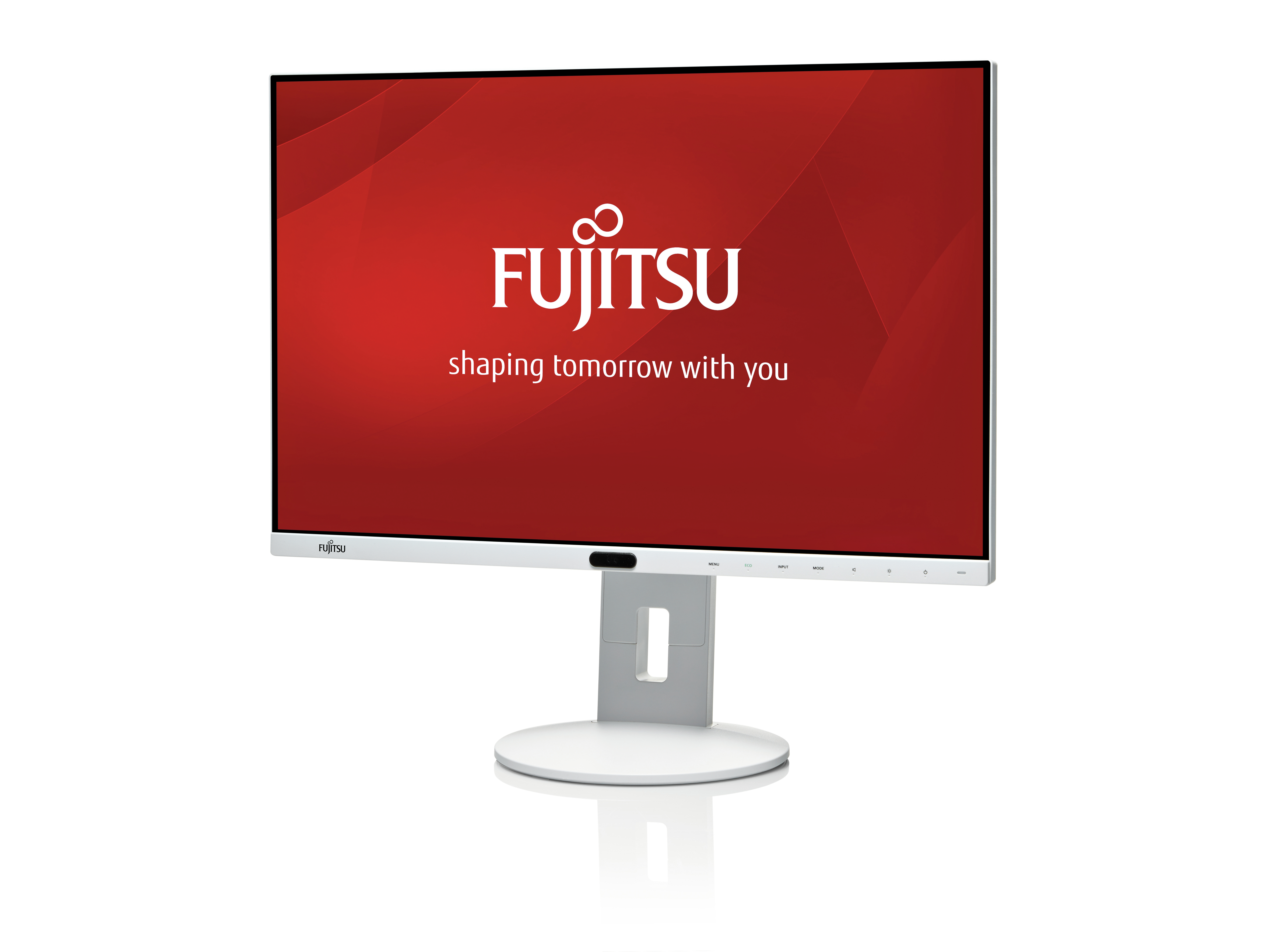 Weißer Fujitsu-Monitor mit Text auf rotem Hintergrund, mit weißem Ständer.