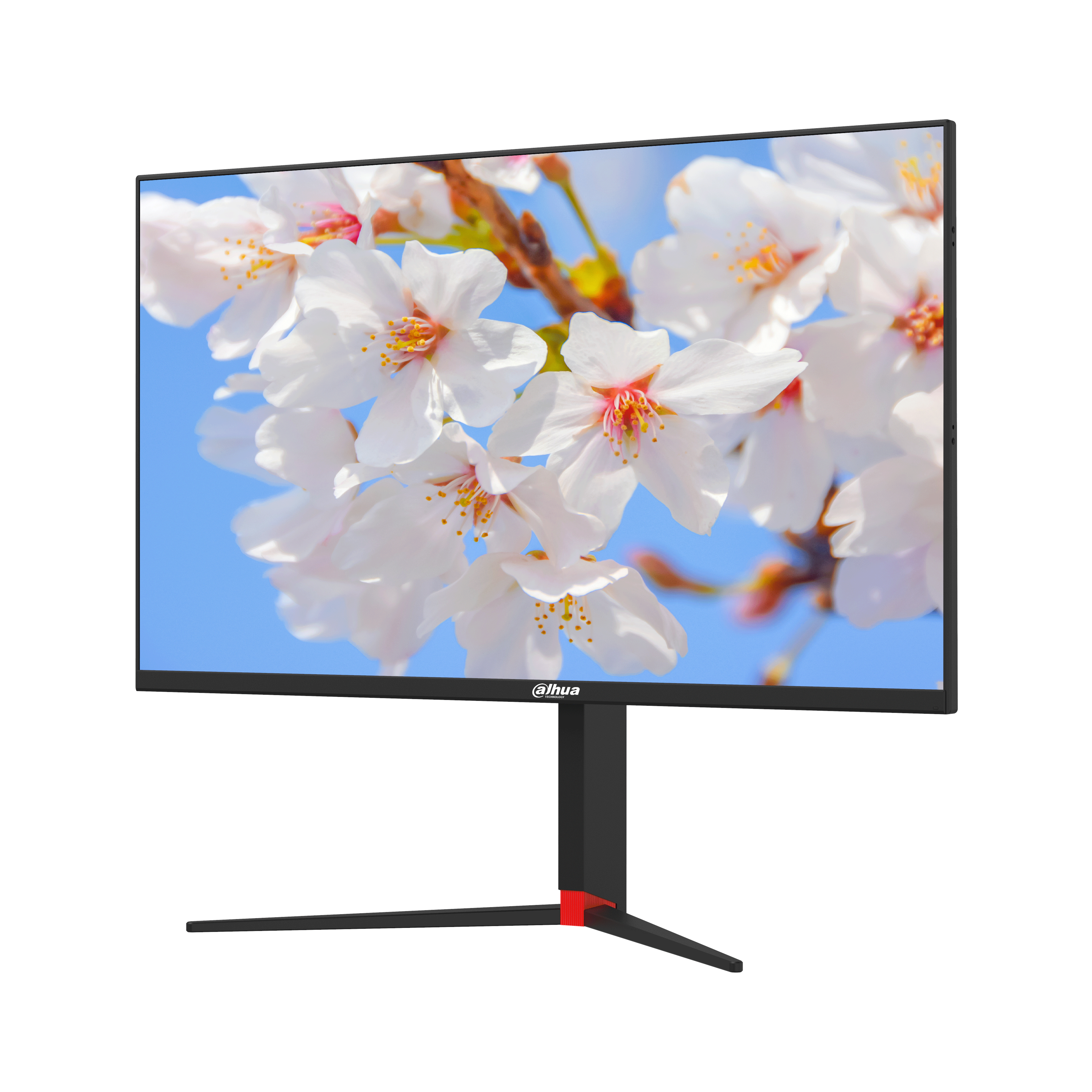Monitor mostrando flores de cerezo blancas contra cielo azul. Soporte negro con acentos rojos.