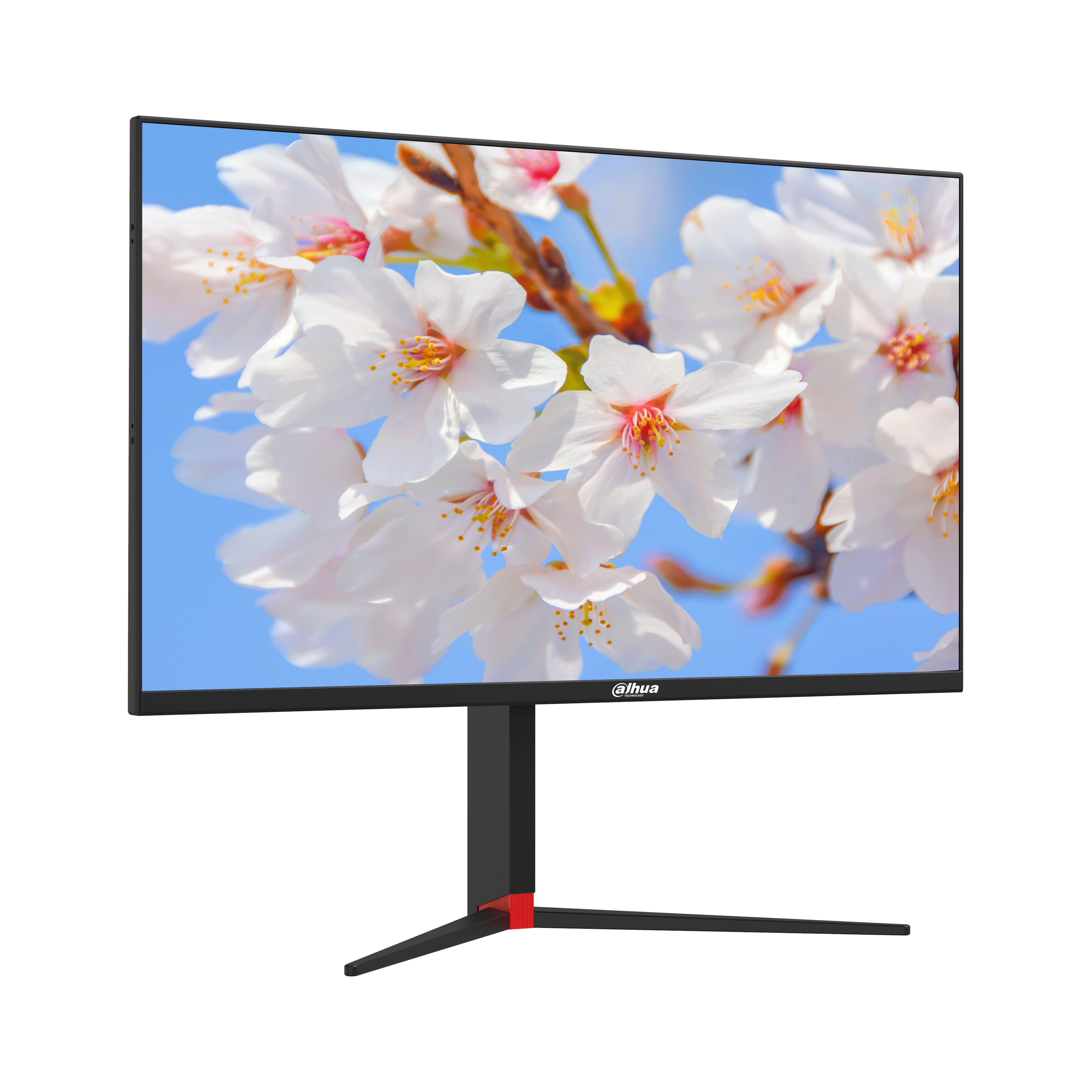 Monitor mostrando flores blancas en un cielo azul. Soporte negro.