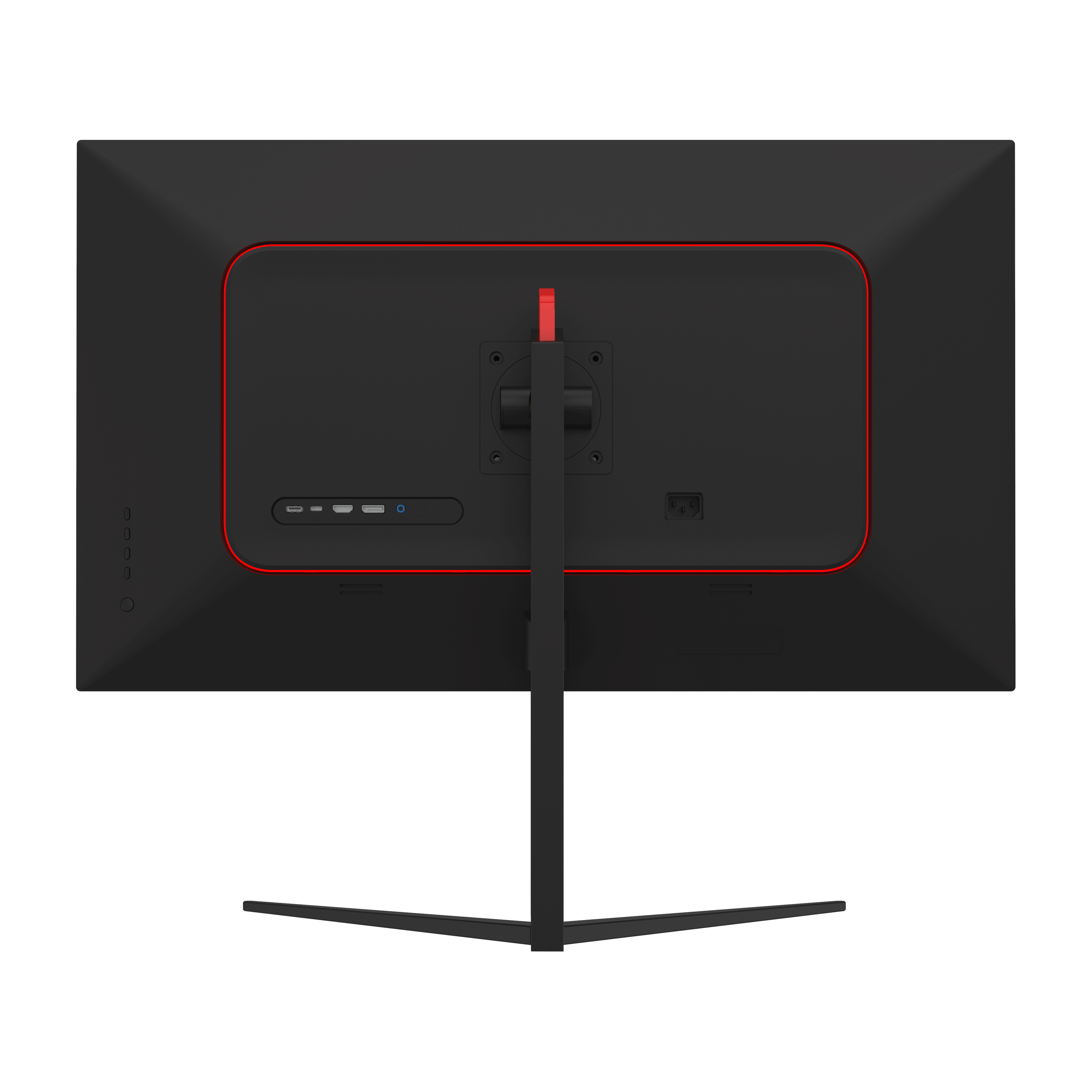 La parte trasera de un monitor de computadora negro con detalles en rojo. Tiene un soporte y varios puertos.