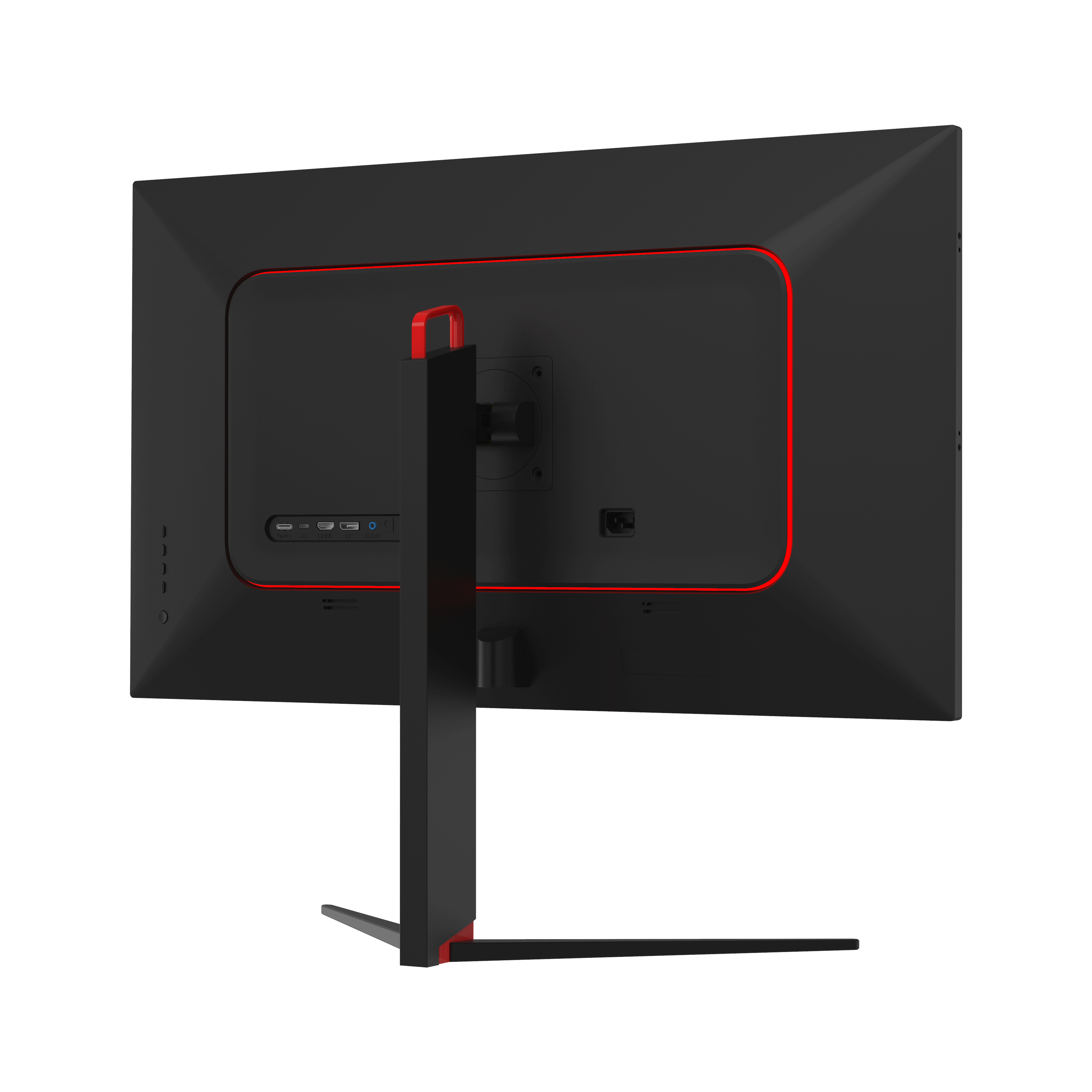 Se muestra la parte trasera de un monitor de computadora negro con ribetes rojos y un soporte negro.