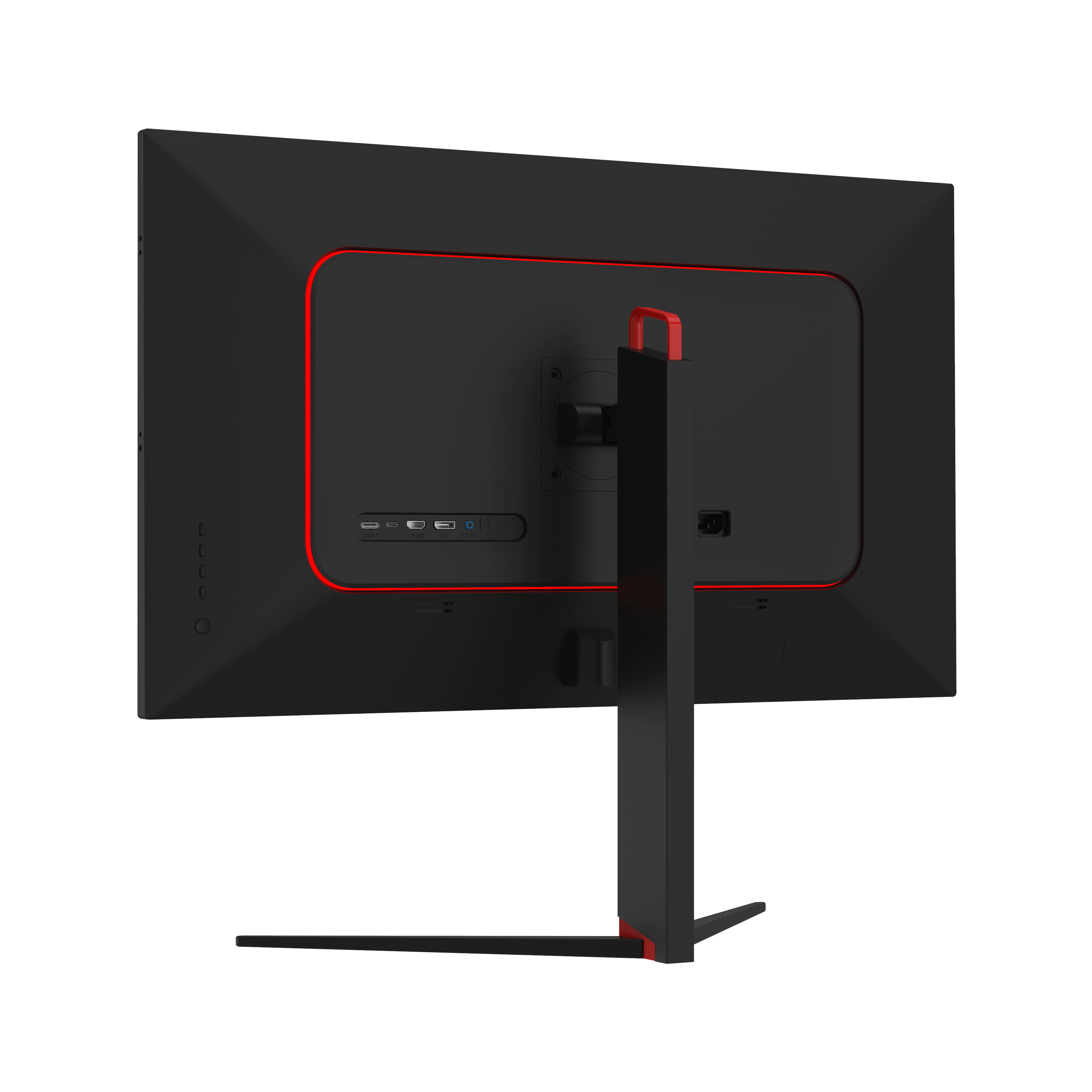 La parte trasera de un monitor negro con borde rojo, puertos y soporte, sobre fondo blanco.