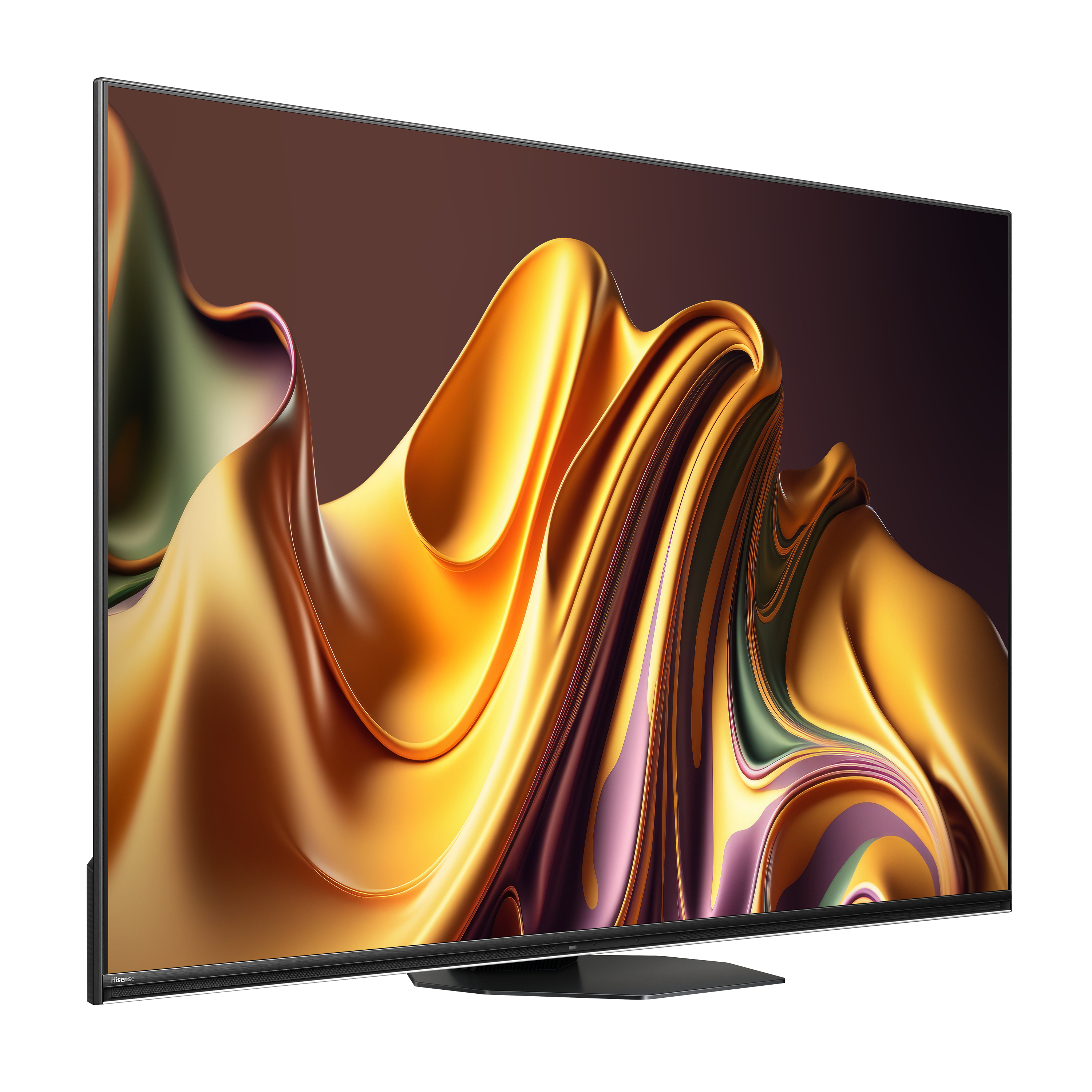 Moderner Fernseher mit abstraktem, goldenem Wellendesign auf dem Bildschirm, dunkler Hintergrund.