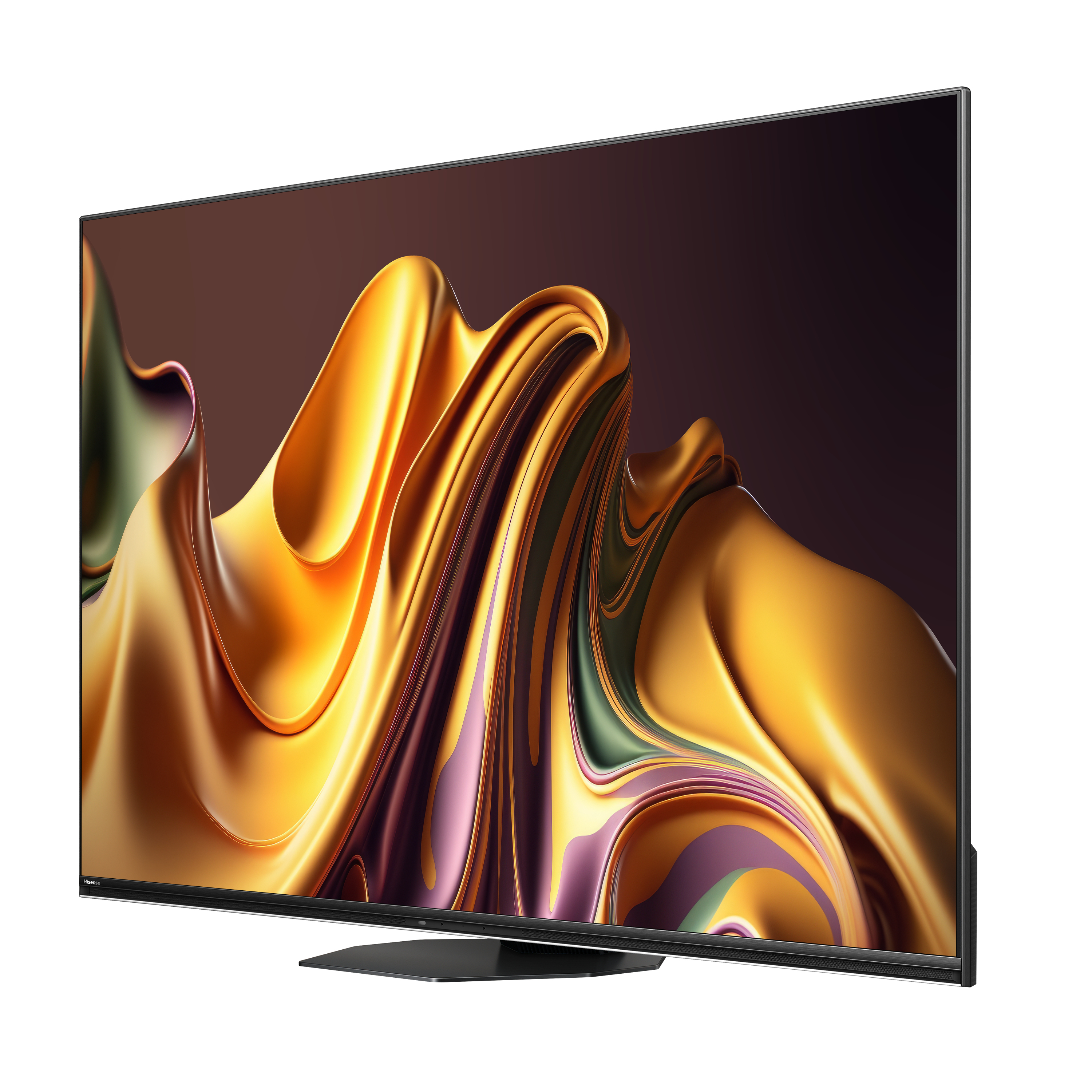 TV-Bildschirm mit goldenem, fließendem, abstrakten Bild. Schwarzer Rahmen und Ständer. Dunkler Hintergrund.