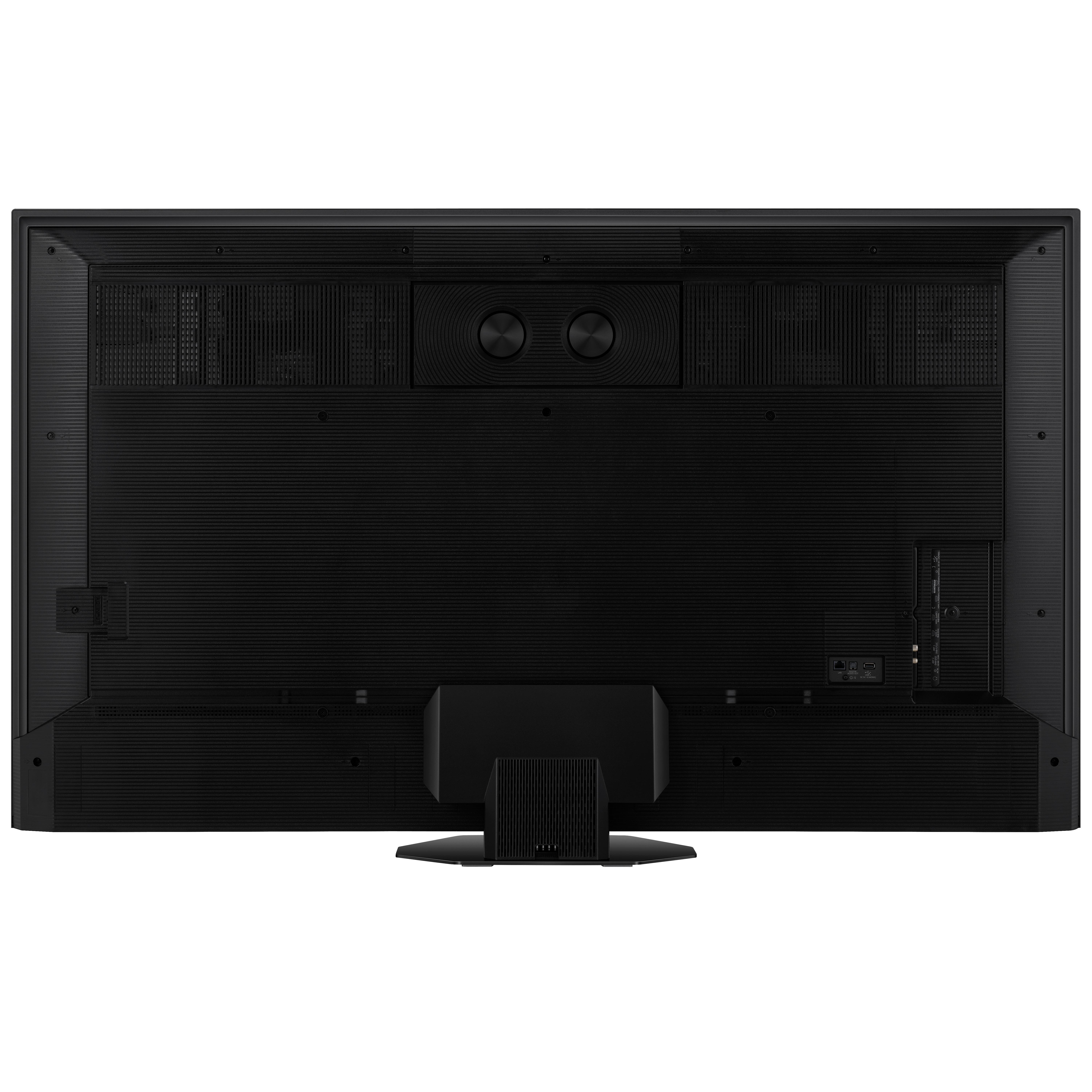 Schwarze TV-Rückseite mit strukturierter Oberfläche, Anschlüssen und zentralem Panel. Mit Ständer.