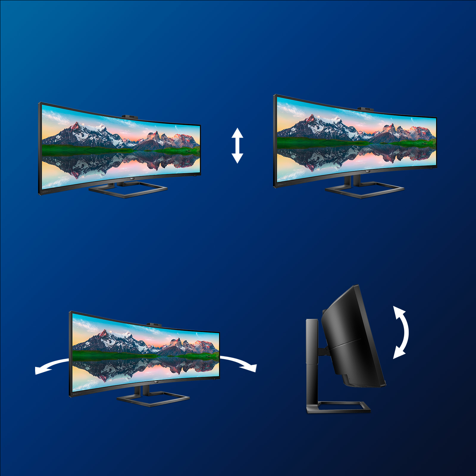 Seria zakrzywionych monitorów z różnymi kątami wyświetlania na niebieskim tle.