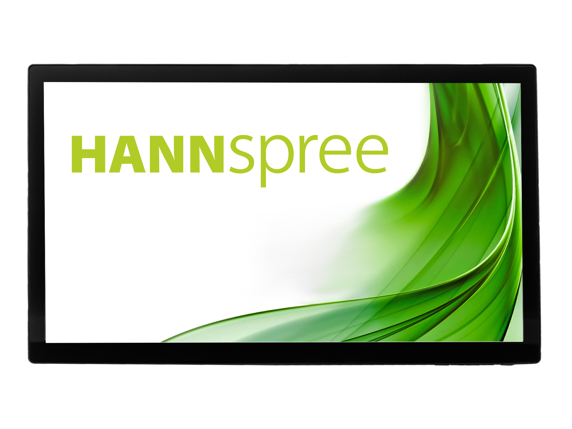 A black monitor screen displaying "HANNspree" in green text on a white and green background.