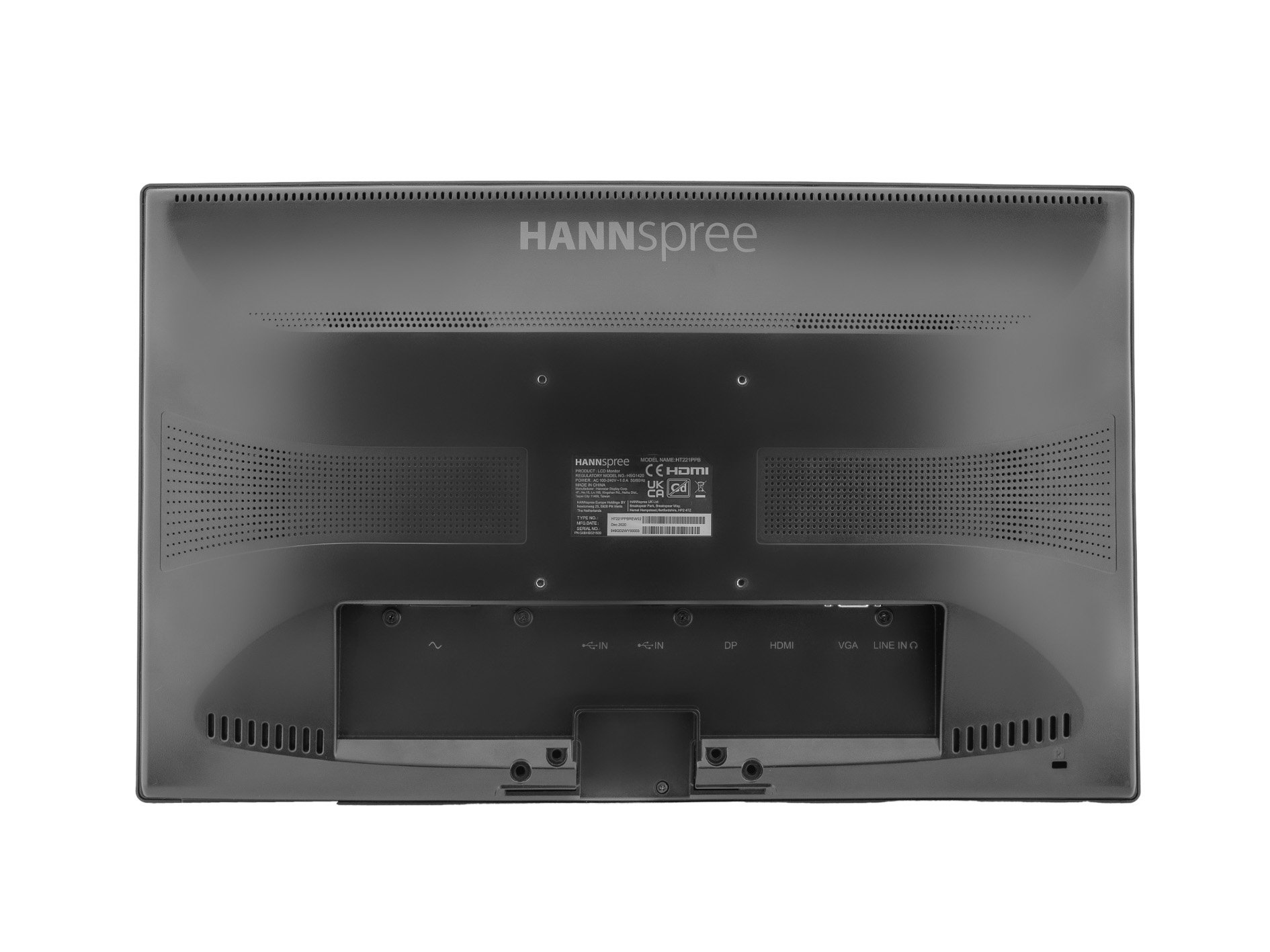 Back of a Hannspree monitor. It has various ports and the brand name visible.
