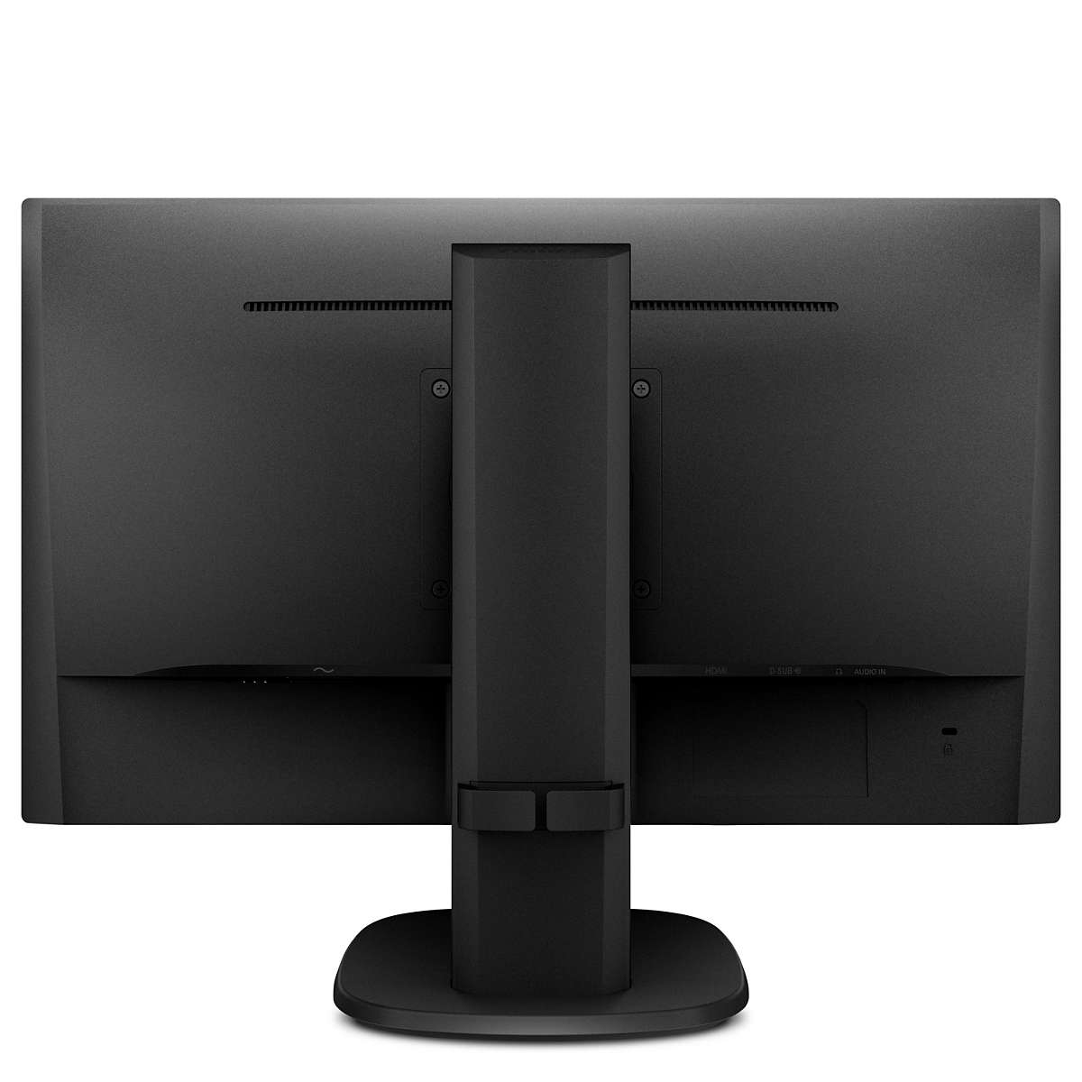 Viene mostrata la parte posteriore di un monitor per computer nero con supporto e più porte.