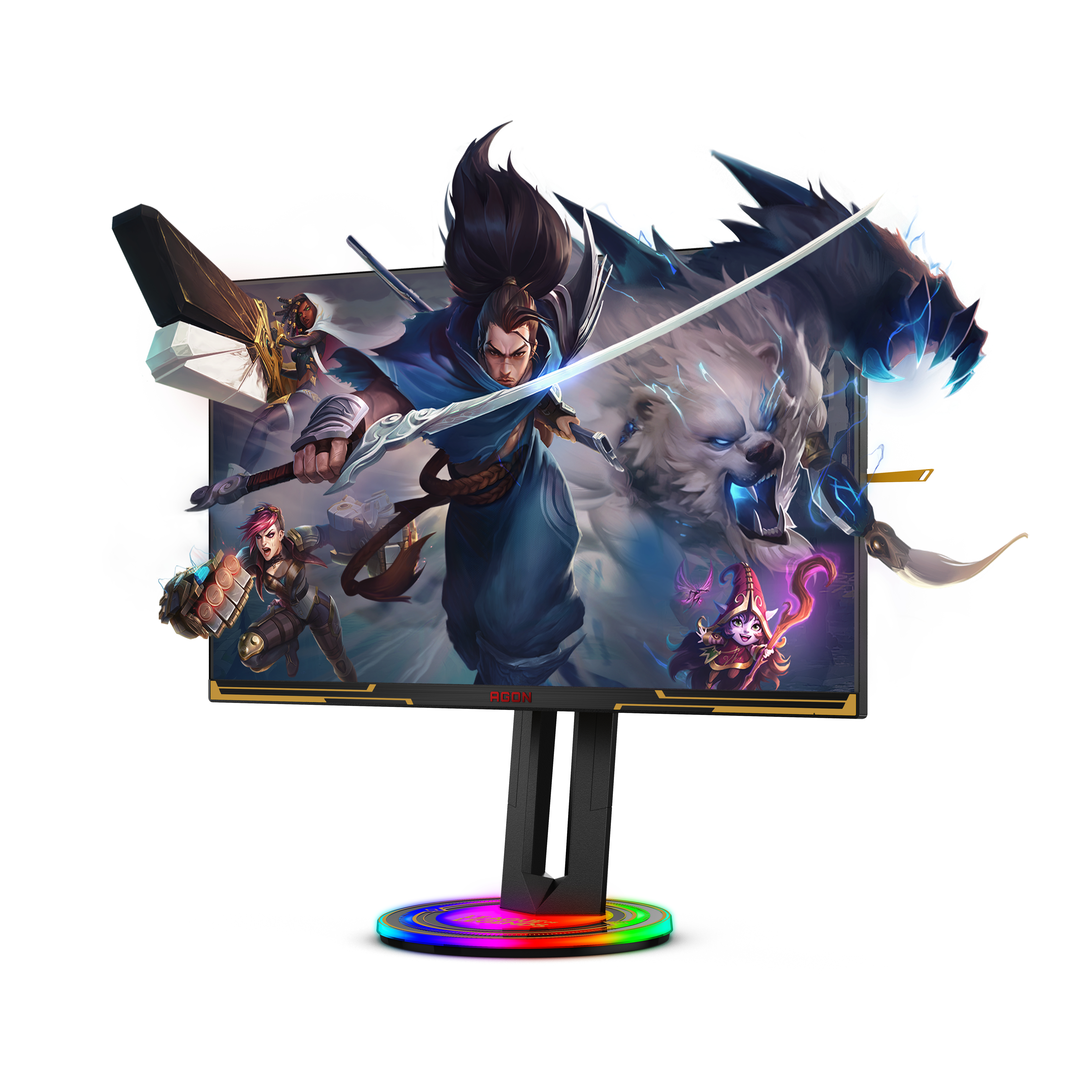 An AORUS gaming monitor with a colorful base and a screen displaying a fantasy game scene.