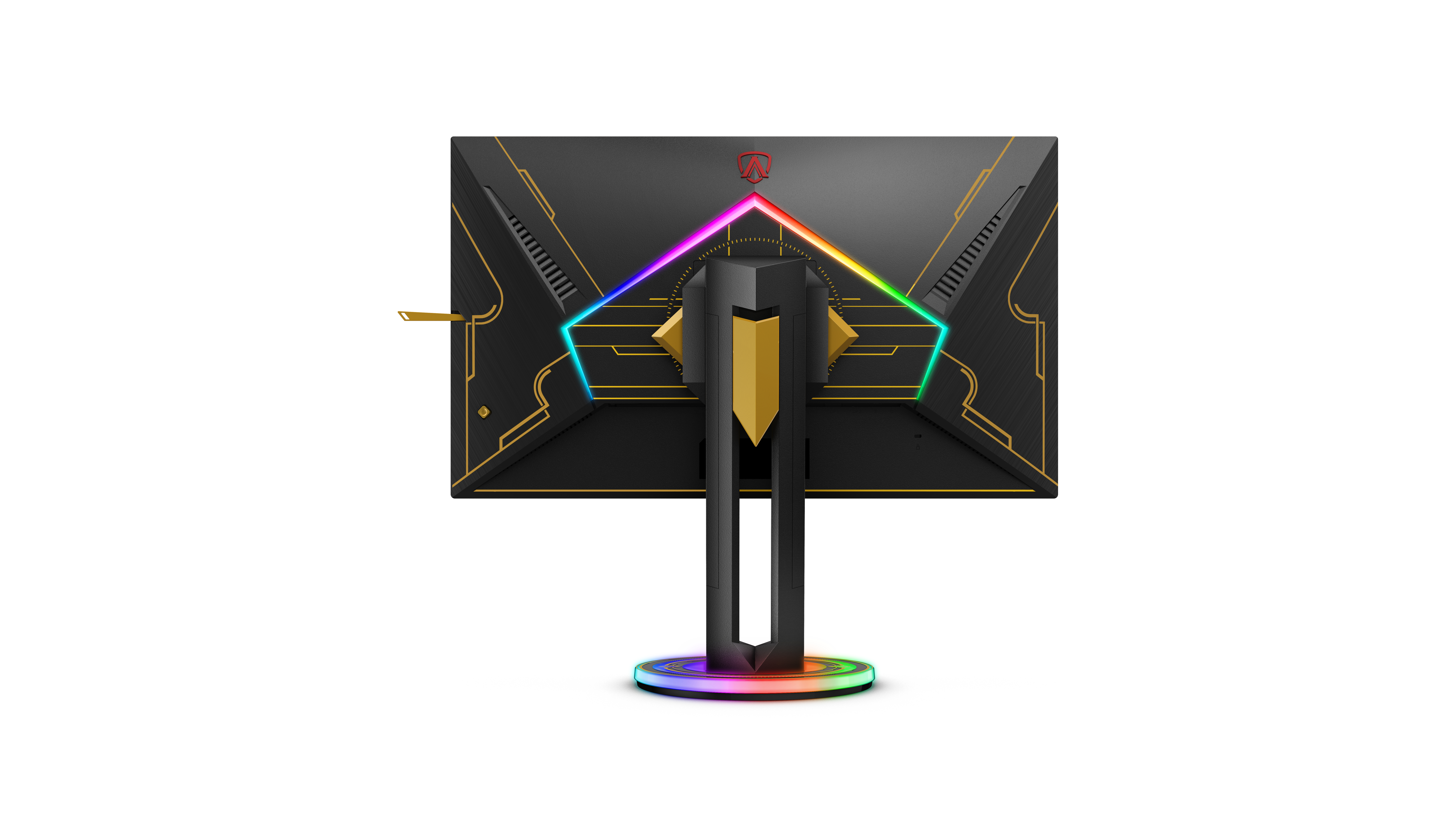 Gaming monitor rear view, with colorful lights and logo.