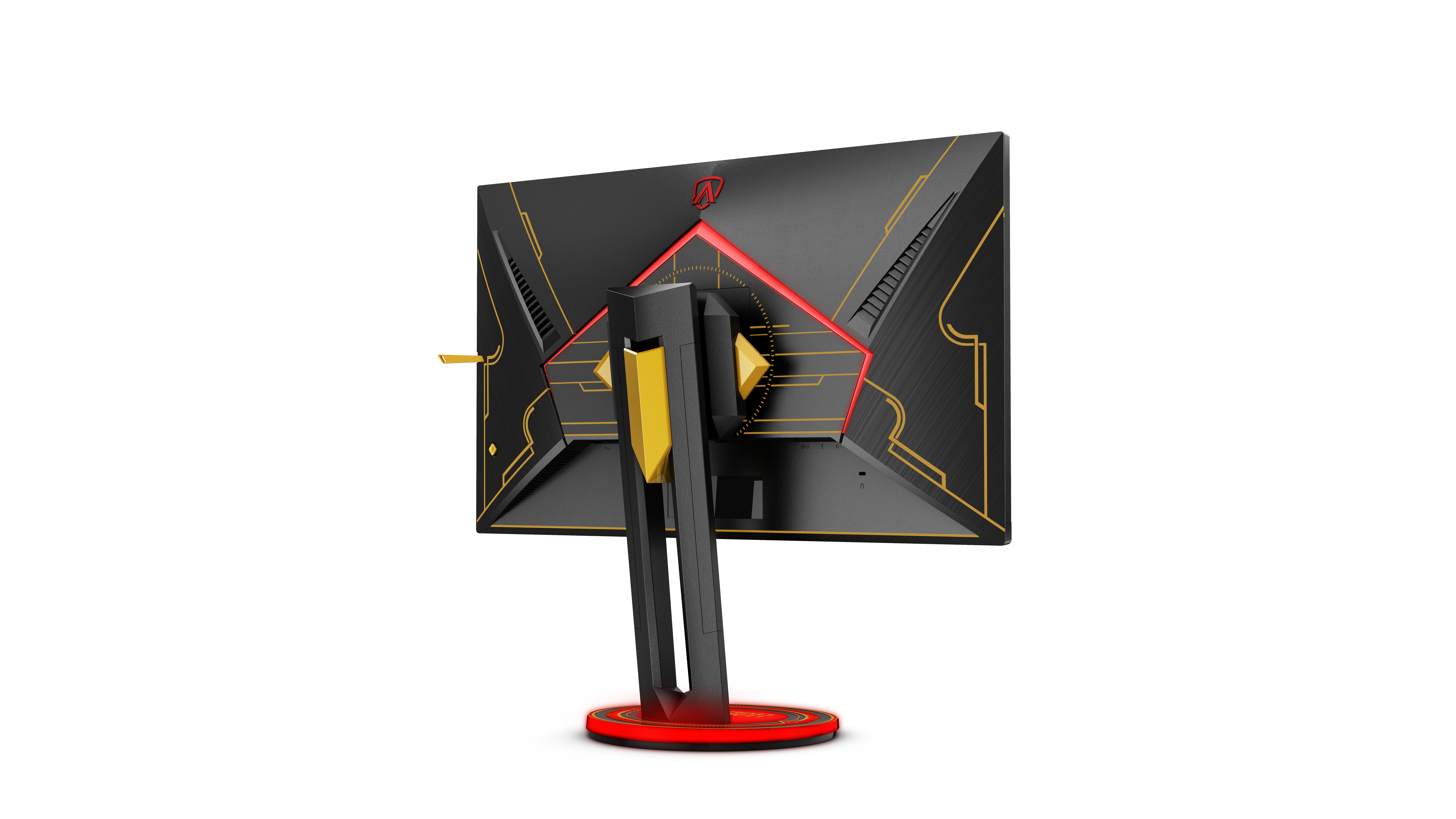 Gaming monitor back, black with gold accents, and a red illuminated stand.