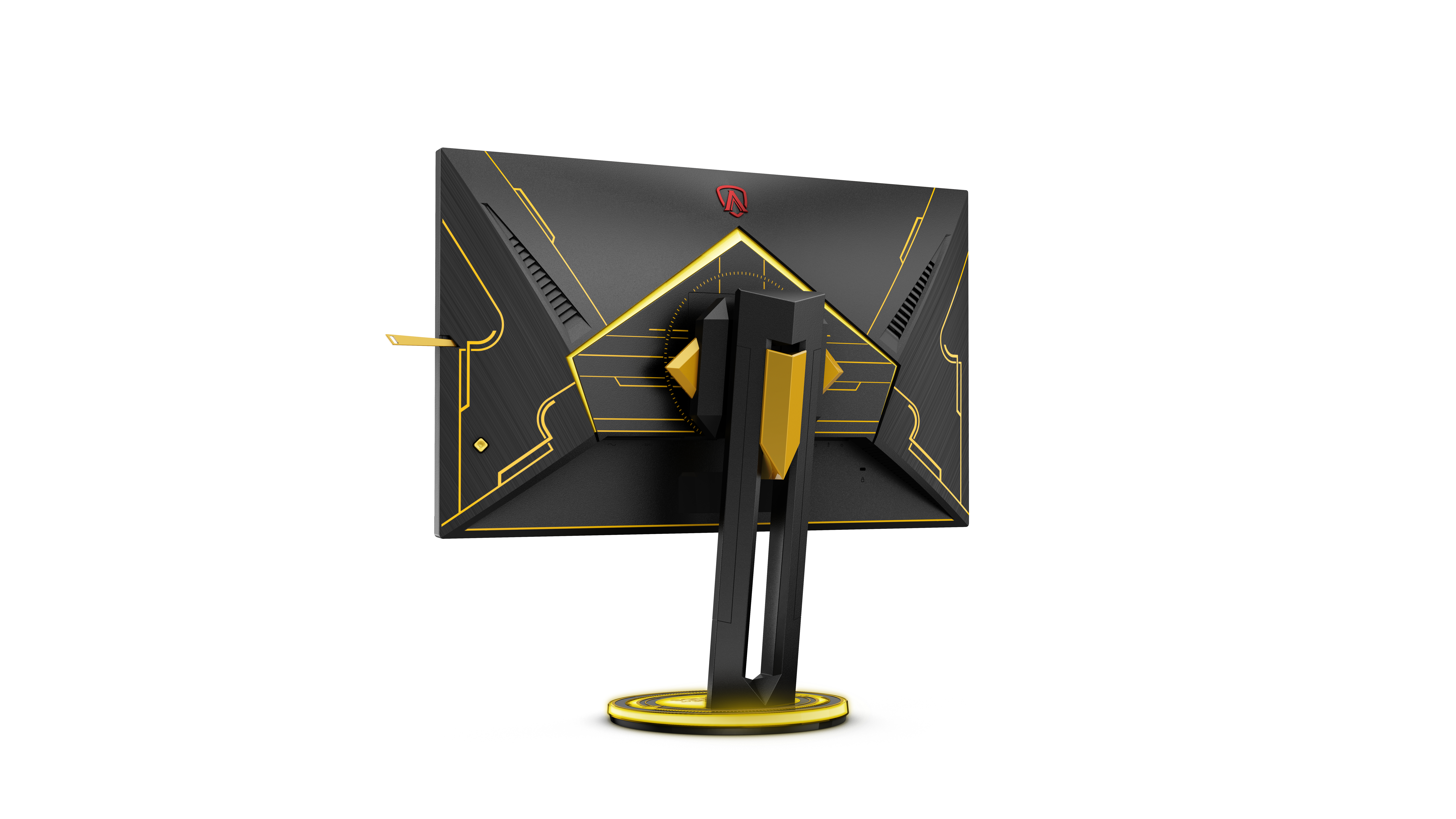 Rear view of a black and gold gaming monitor on a white background.