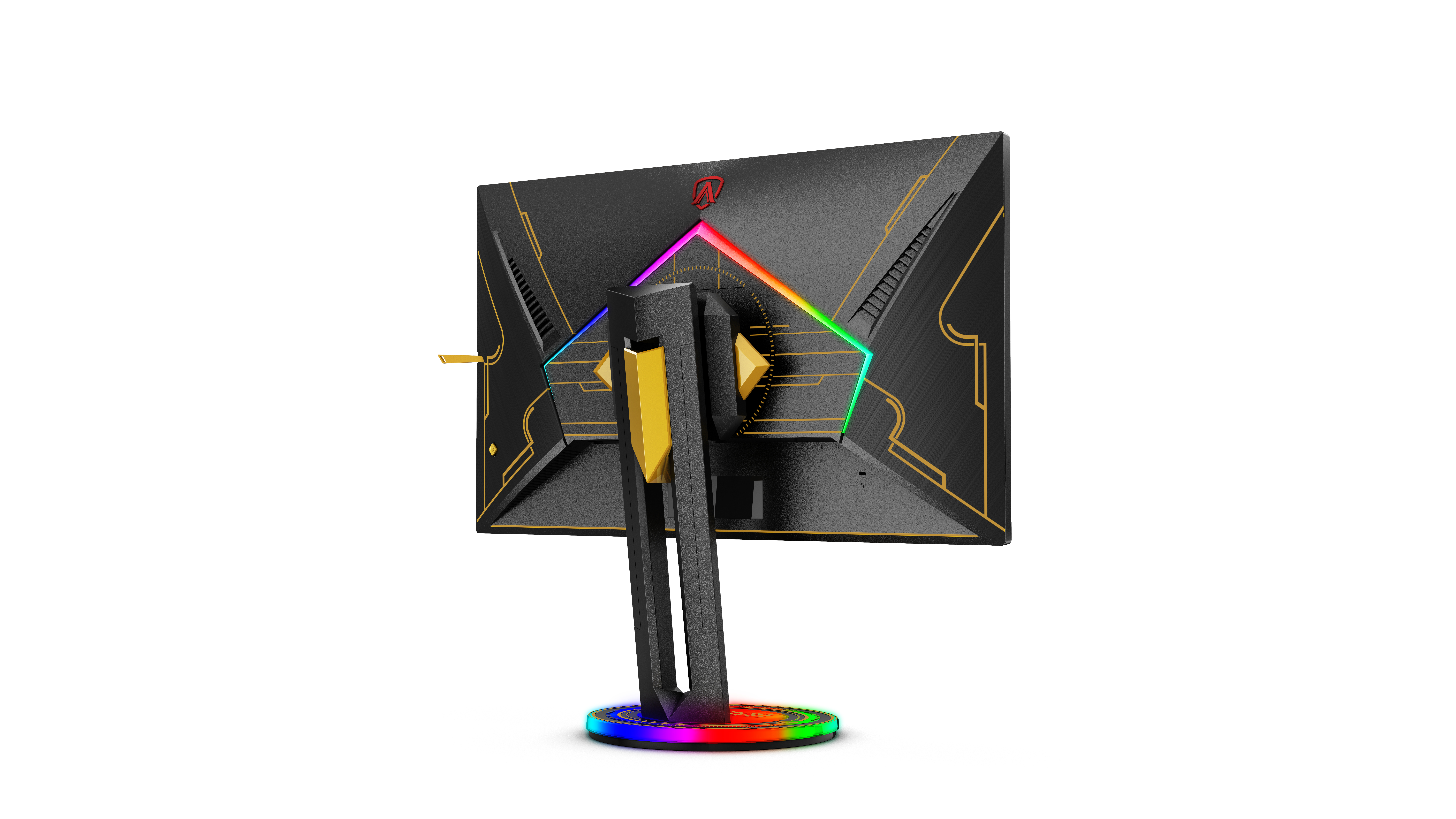 The back of a black gaming monitor. It has a colorful illuminated design and a stand.