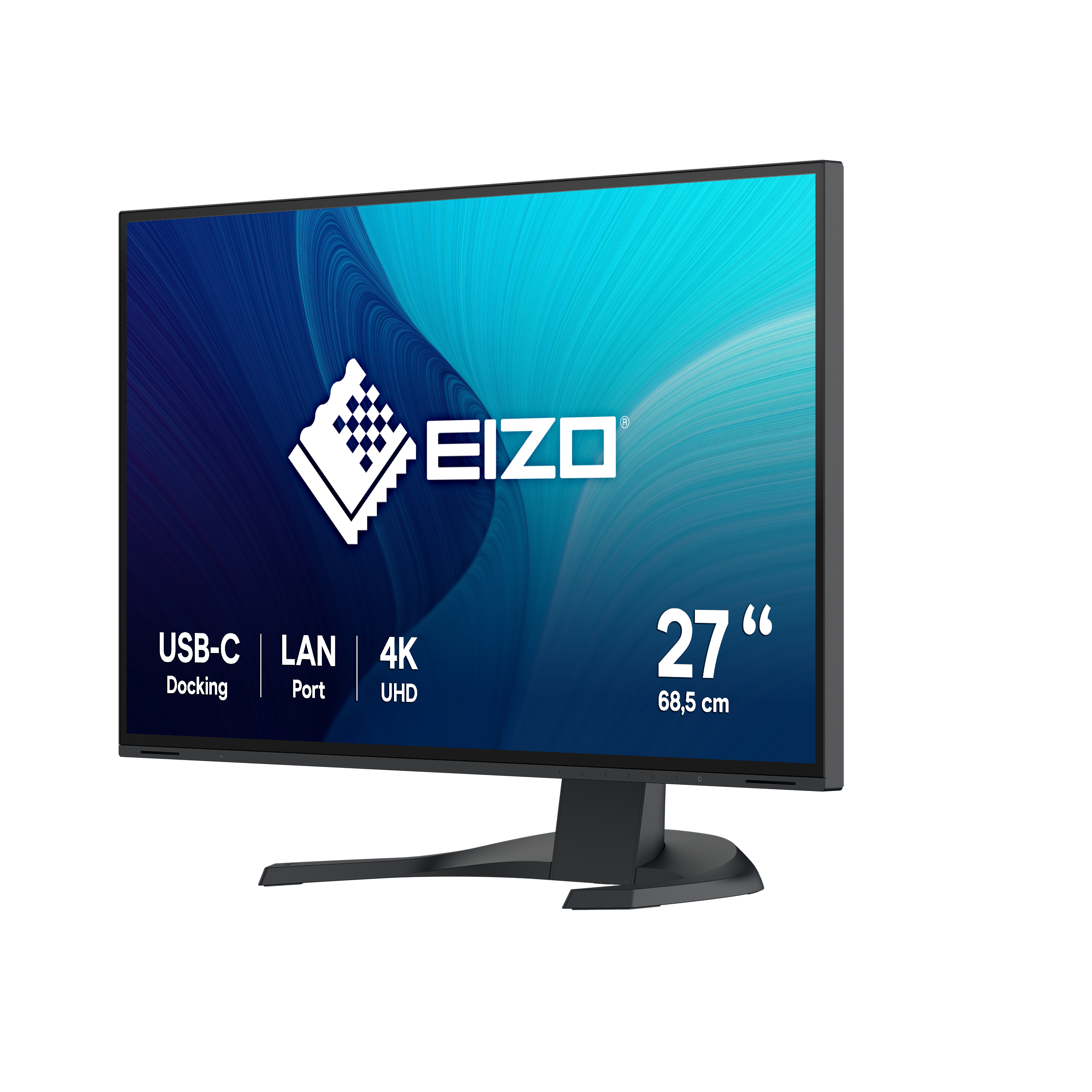 Czarny monitor z niebiesko-białym tłem i tekstem. Posiada funkcje USB, LAN i 4K UHD.
