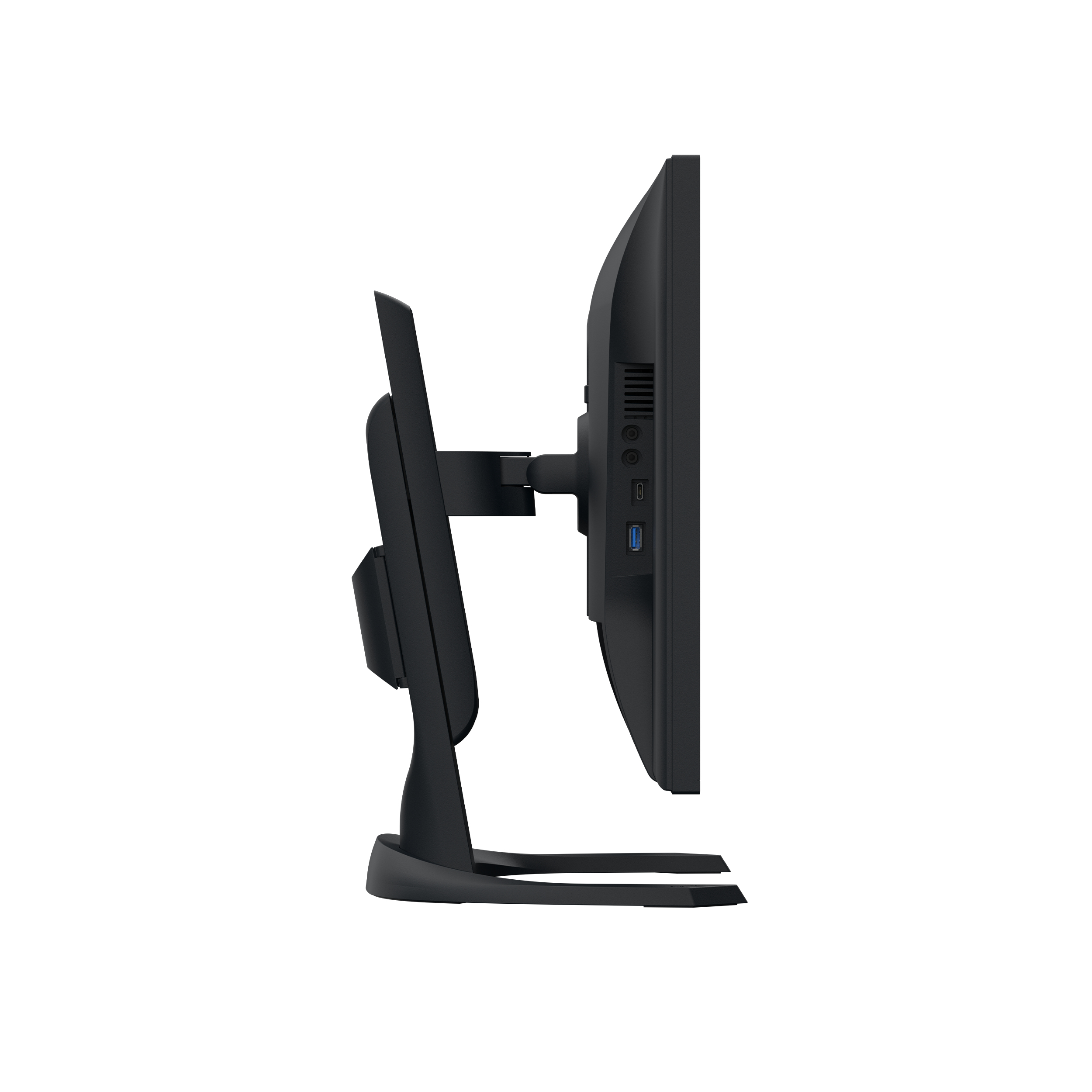 Czarny monitor widziany z boku. Monitor jest ustawiony pod kątem.