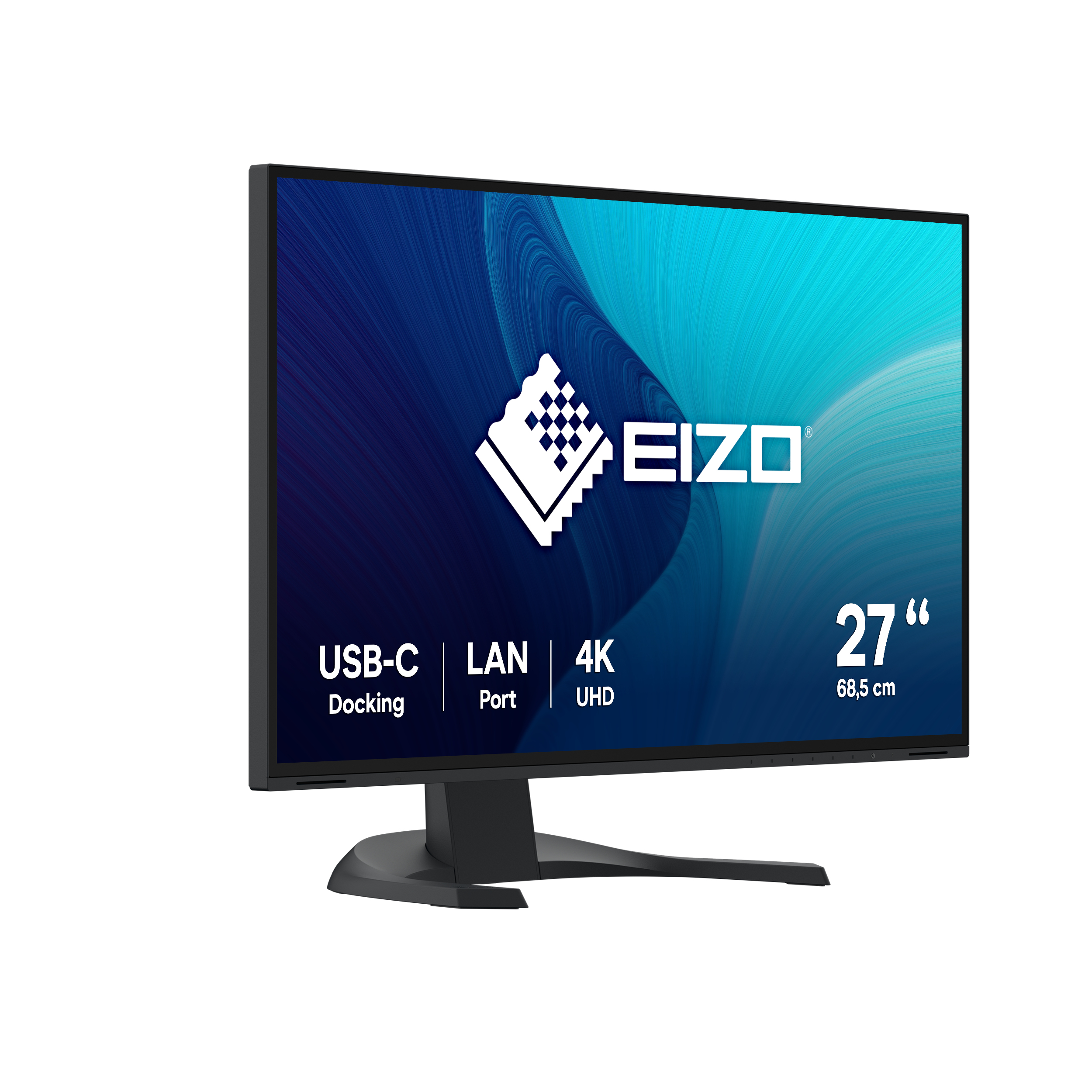 Monitor komputerowy z logo EIZO, USB-C, portem LAN i tekstem 4K UHD.