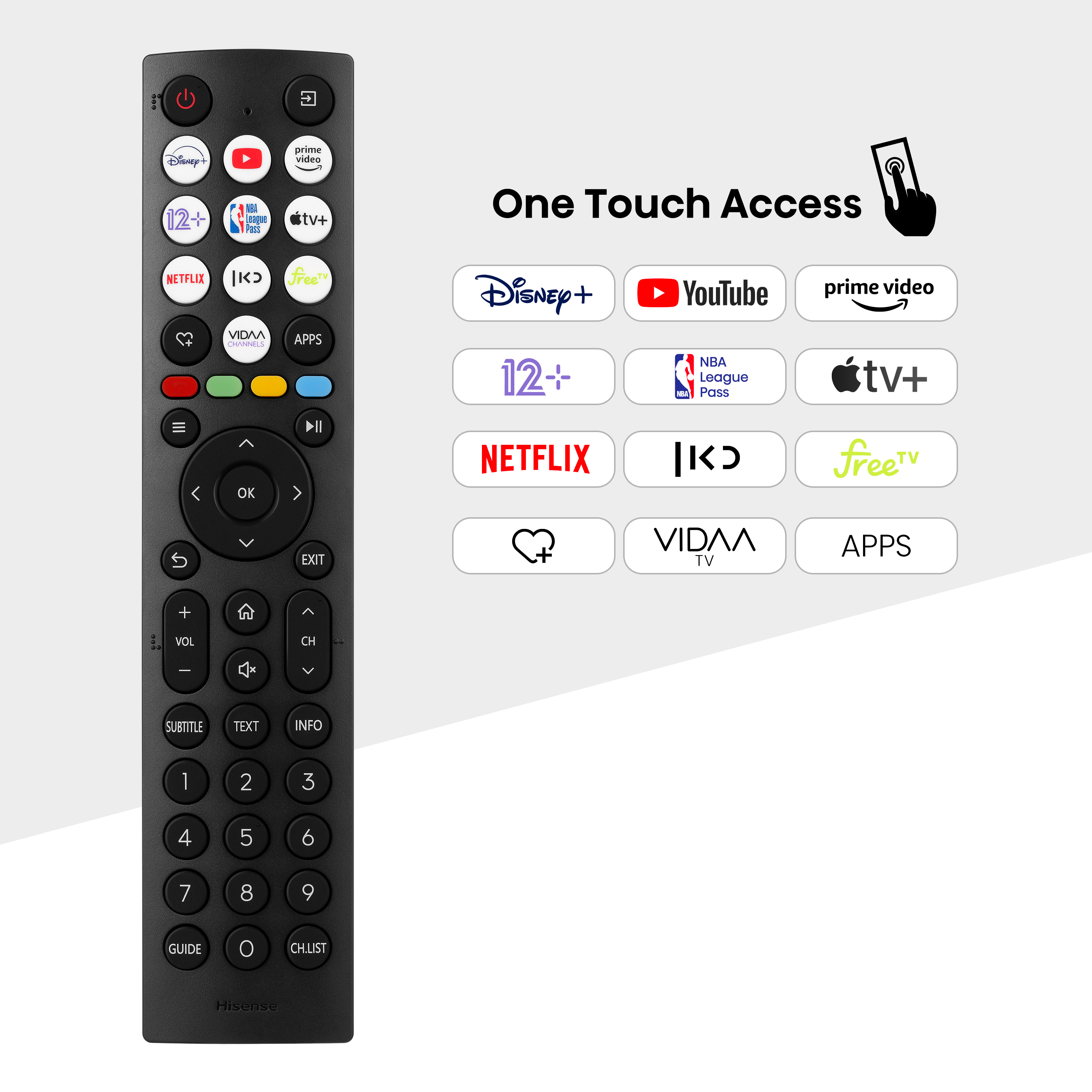 Pilot do telewizora z wieloma przyciskami i ikonami, w tym logo usług streamingowych.