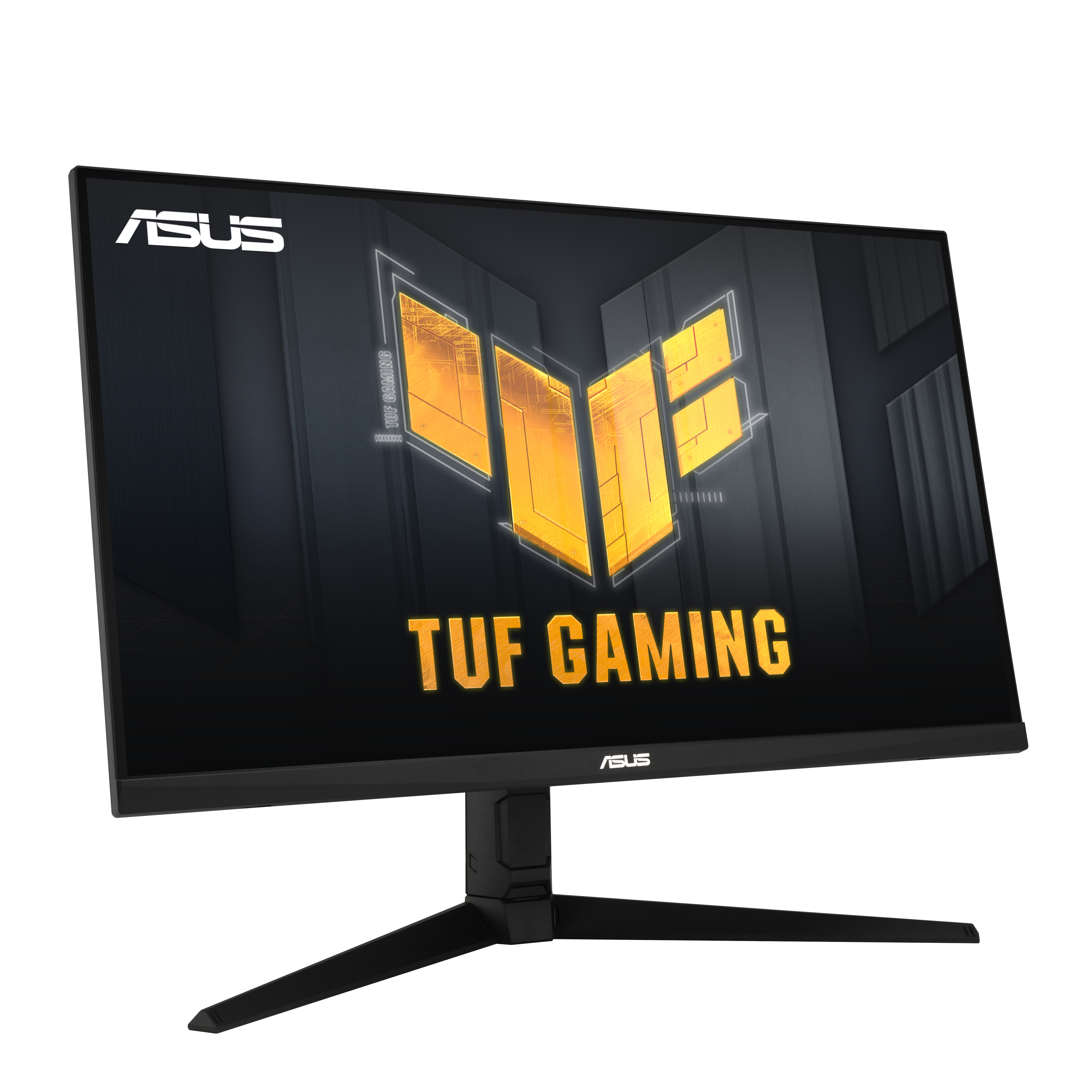 Monitor ASUS TUF gaming con logo giallo su schermo nero. Supporto e gambe neri.