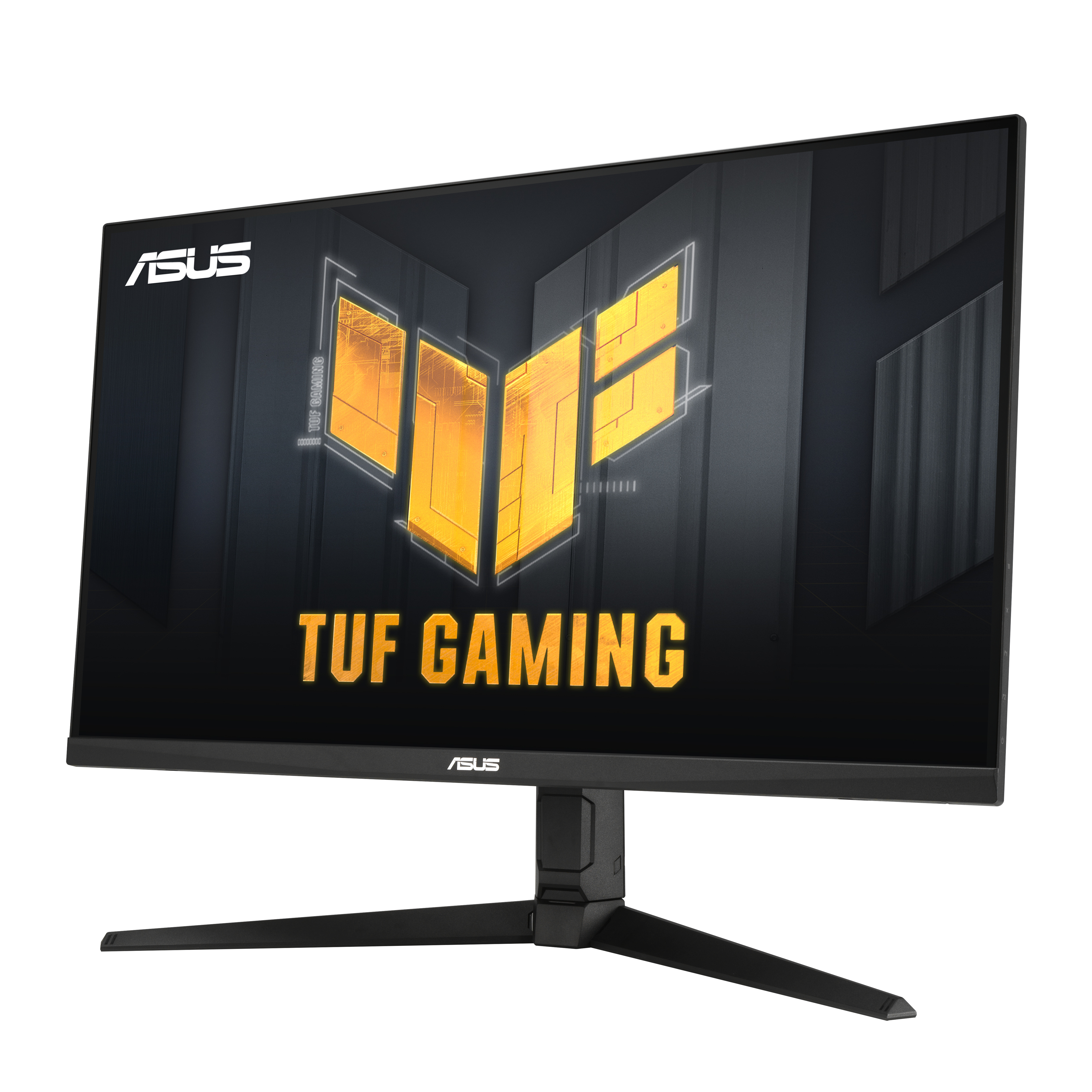 Monitor ASUS TUF Gaming che mostra logo e testo su sfondo nero.