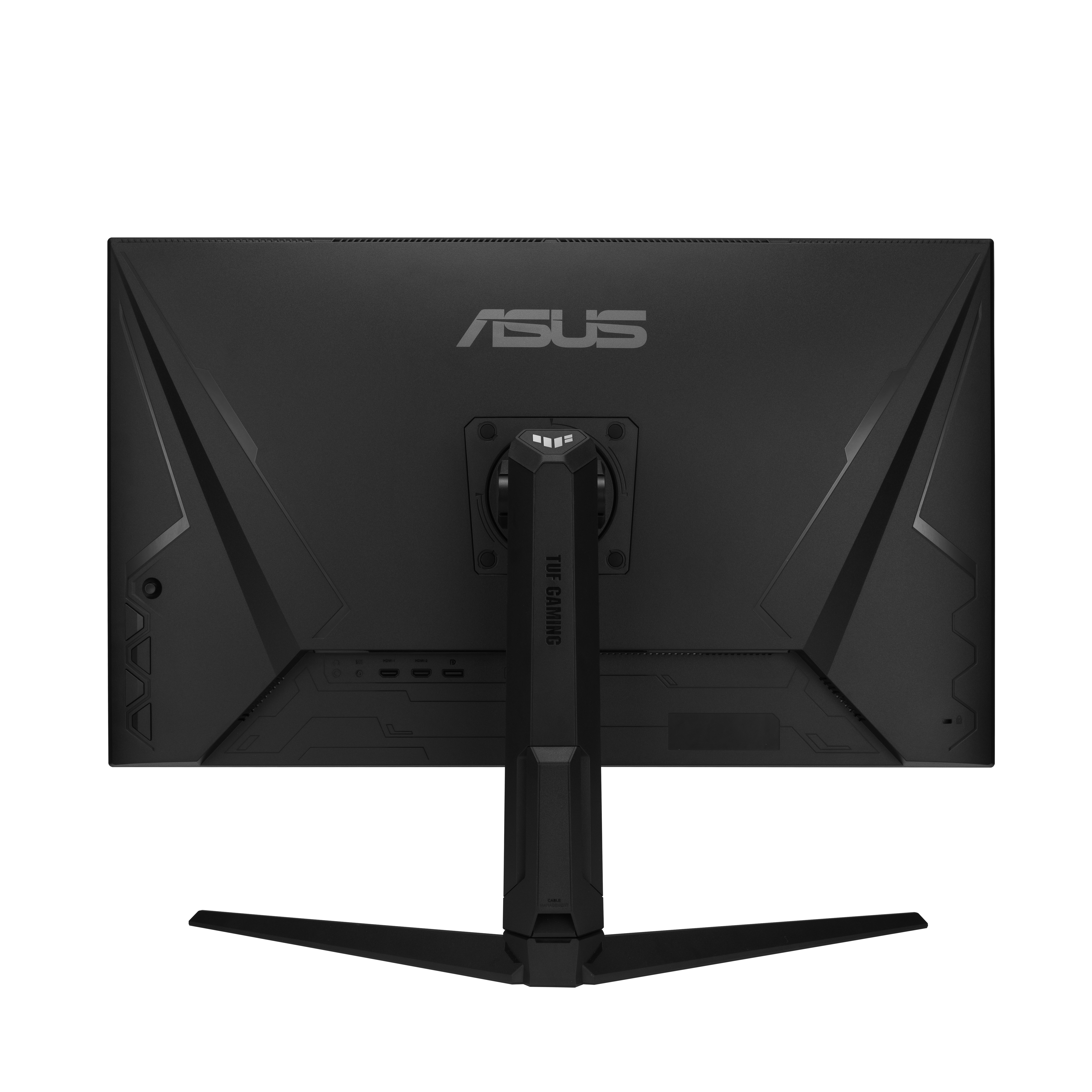 Vista posteriore di un monitor da gioco ASUS con cornice e supporto neri, loghi ASUS e TUF Gaming.