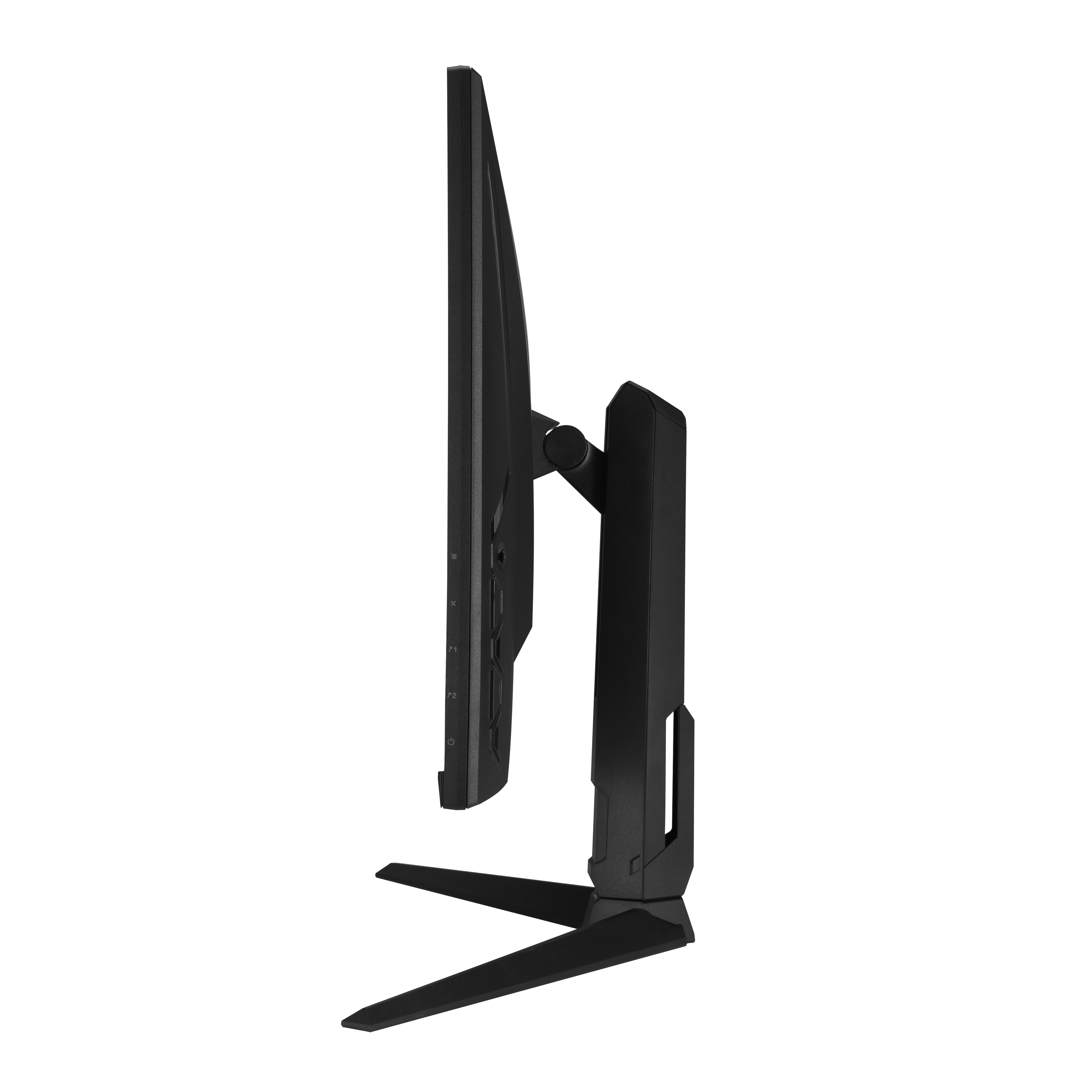 Monitor nero, vista laterale. Mostra profilo sottile, porte e supporto angolato.