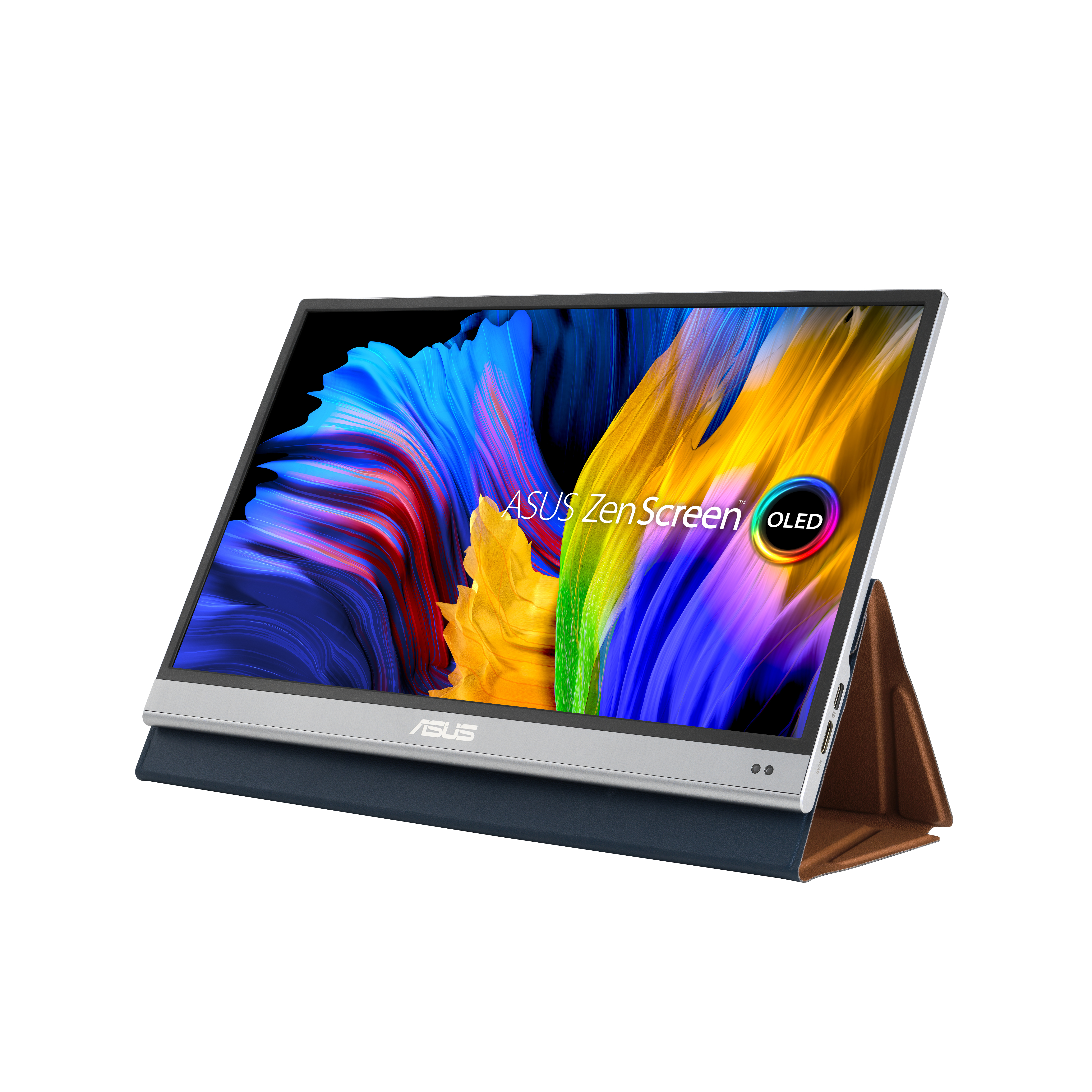 Monitor portatile ASUS ZenScreen OLED con una cover, su una superficie bianca. Lo schermo è acceso.