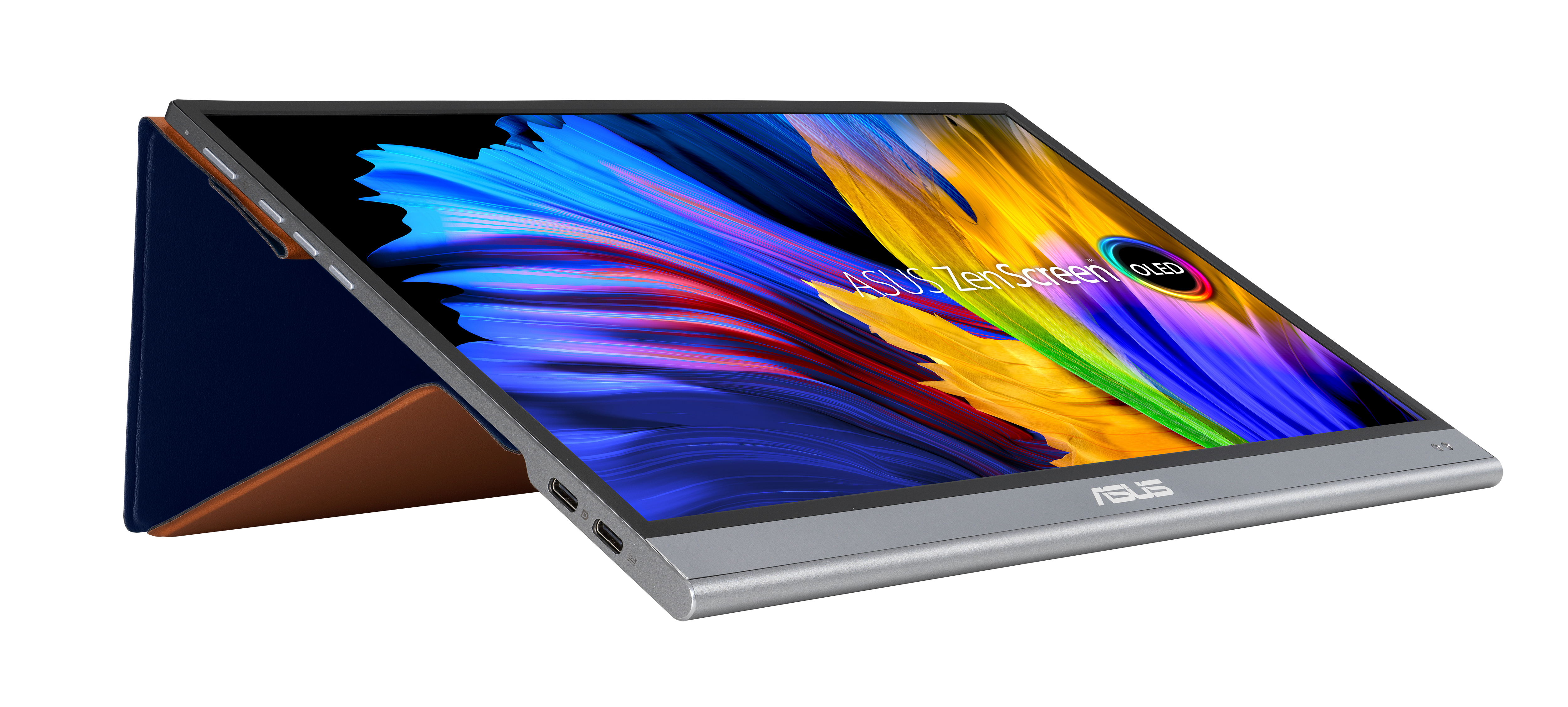 Display Asus ZenScreen OLED in una custodia blu e marrone. Lo schermo è angolato.