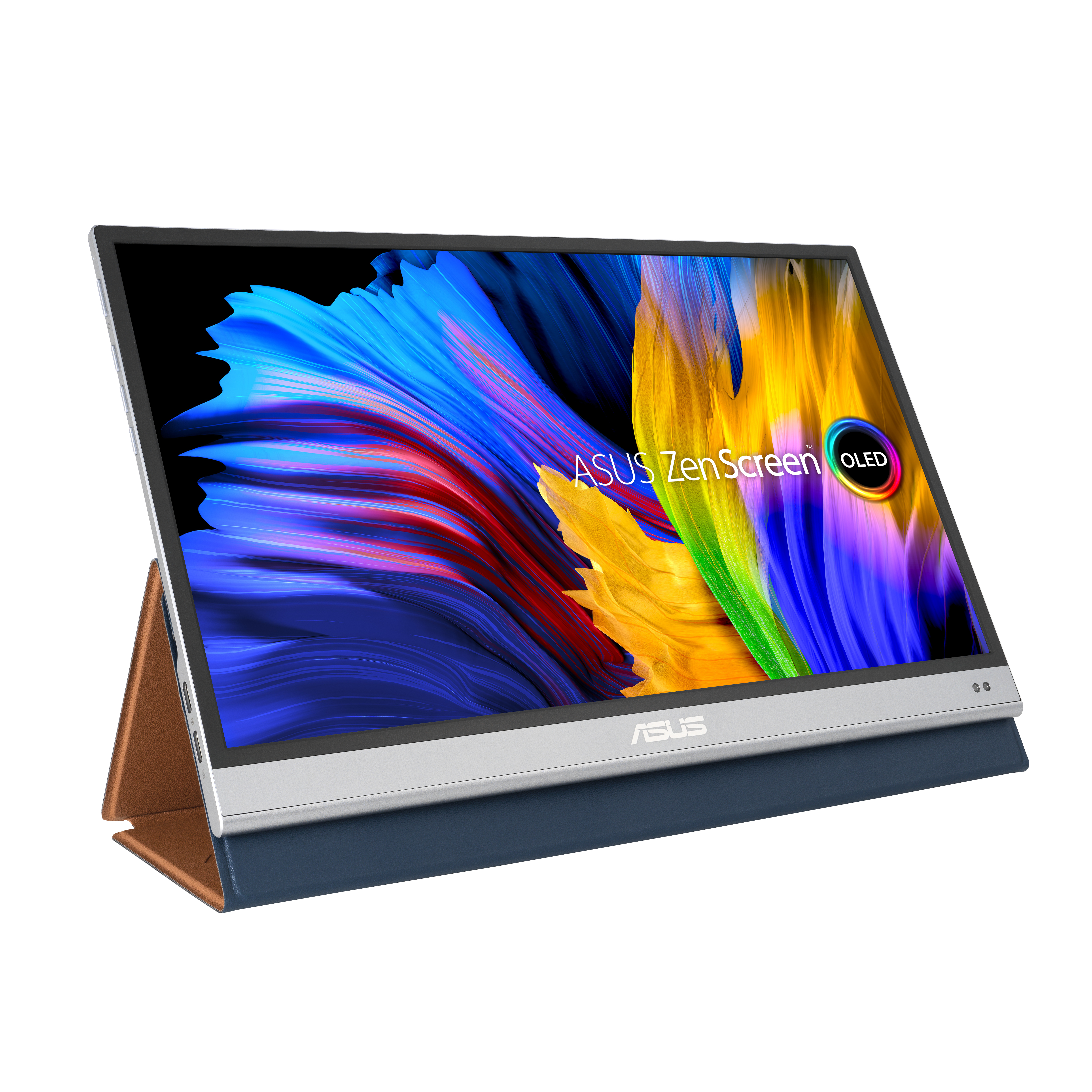 Un monitor Asus ZenScreen OLED portatile con custodia marrone e blu, sfondo bianco.