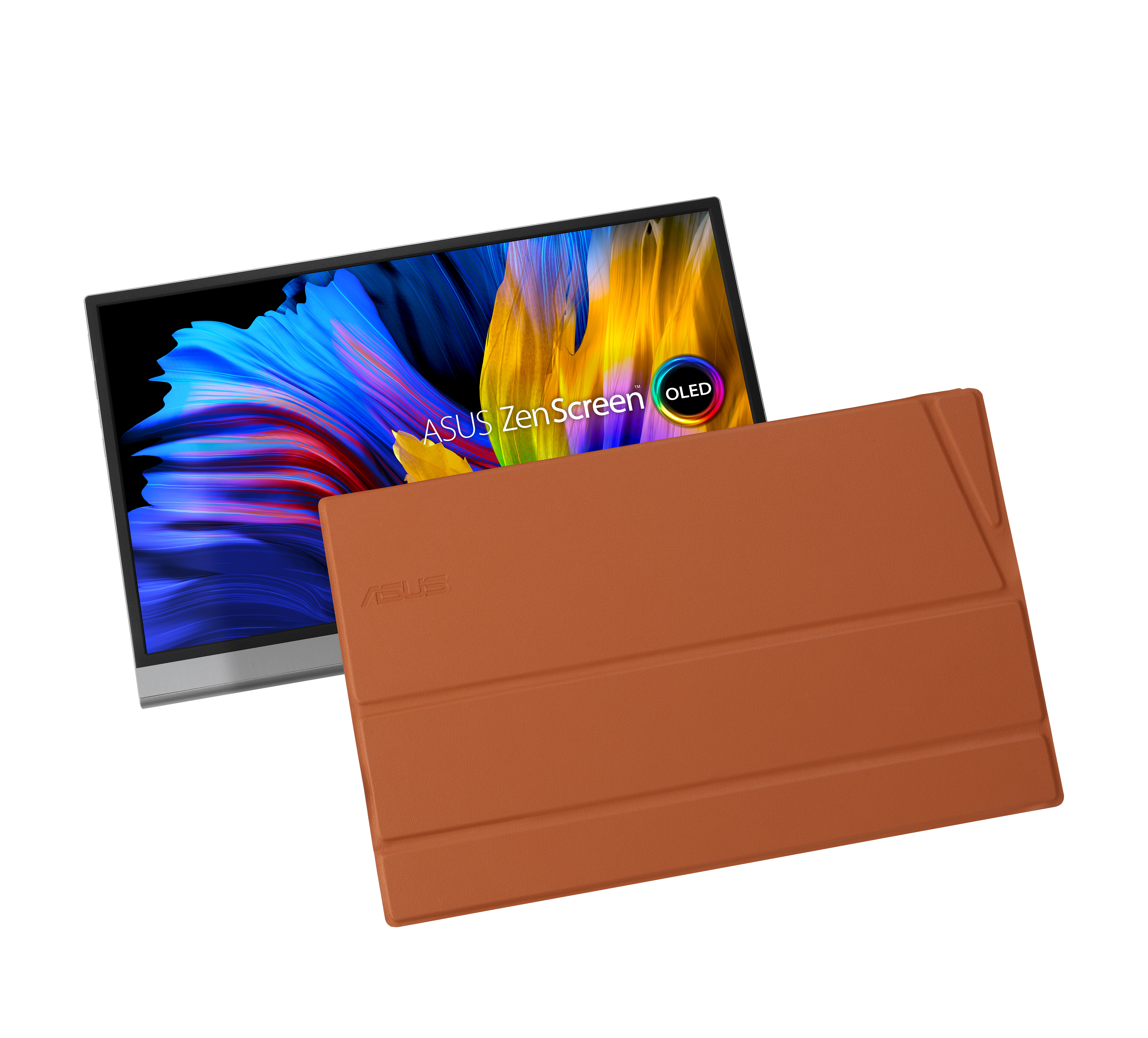 Uno schermo di un laptop con un ASUS ZenScreen OLED viene visualizzato con la sua custodia protettiva marrone.