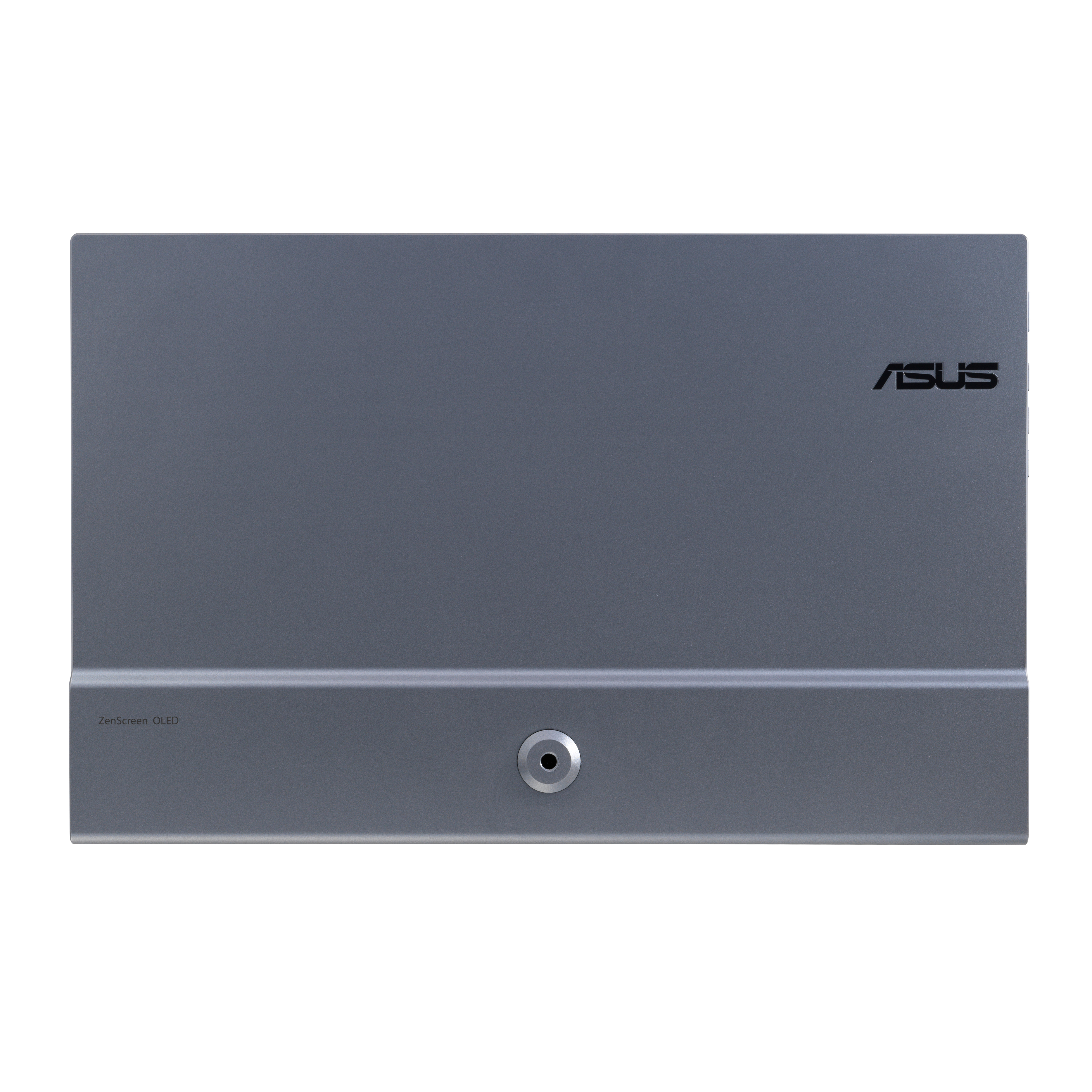 Retro del monitor grigio con logo ASUS ed etichetta ZenScreen OLED. Una singola porta è visibile.