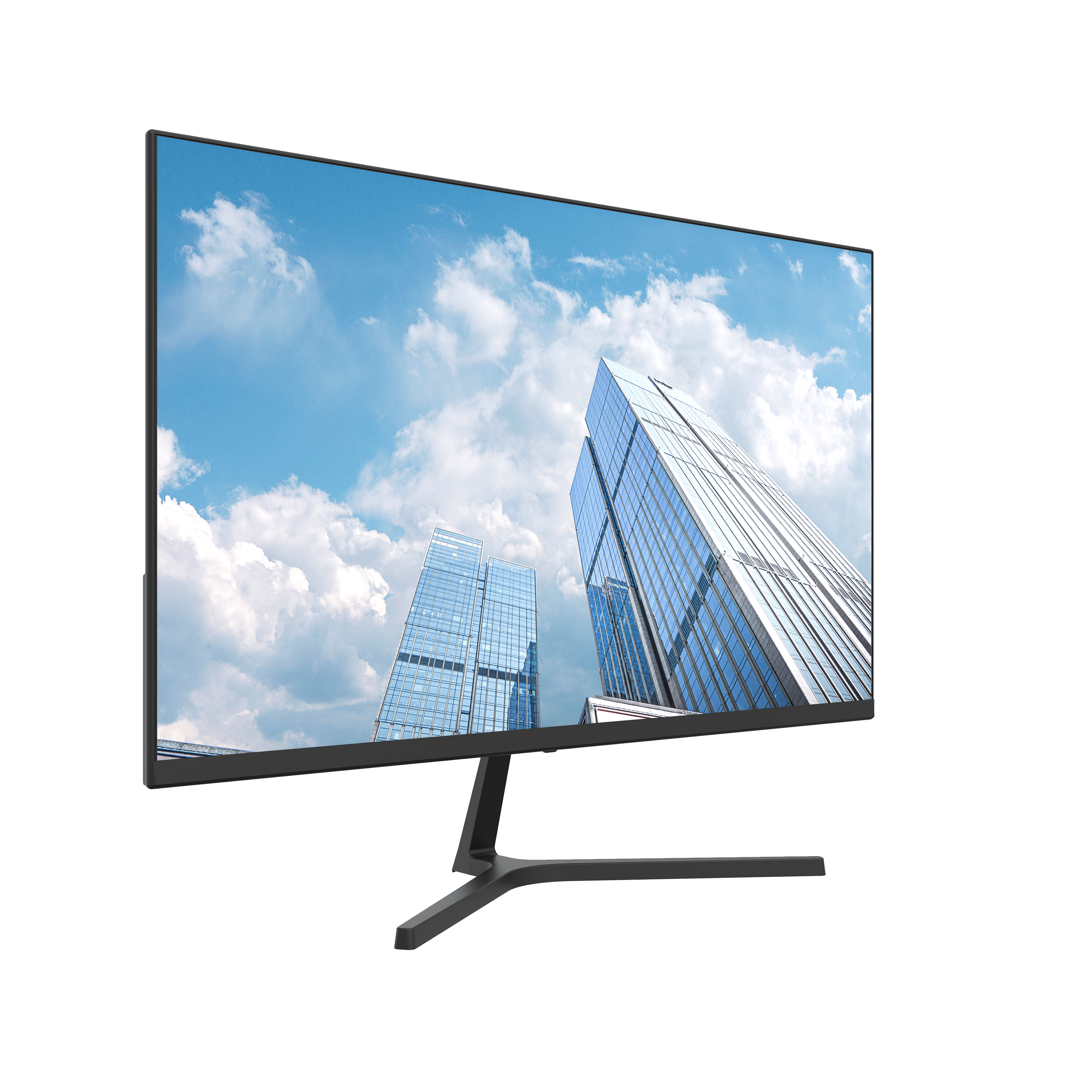 Computer monitor on a white background, showing a city skyline with blue sky and clouds.