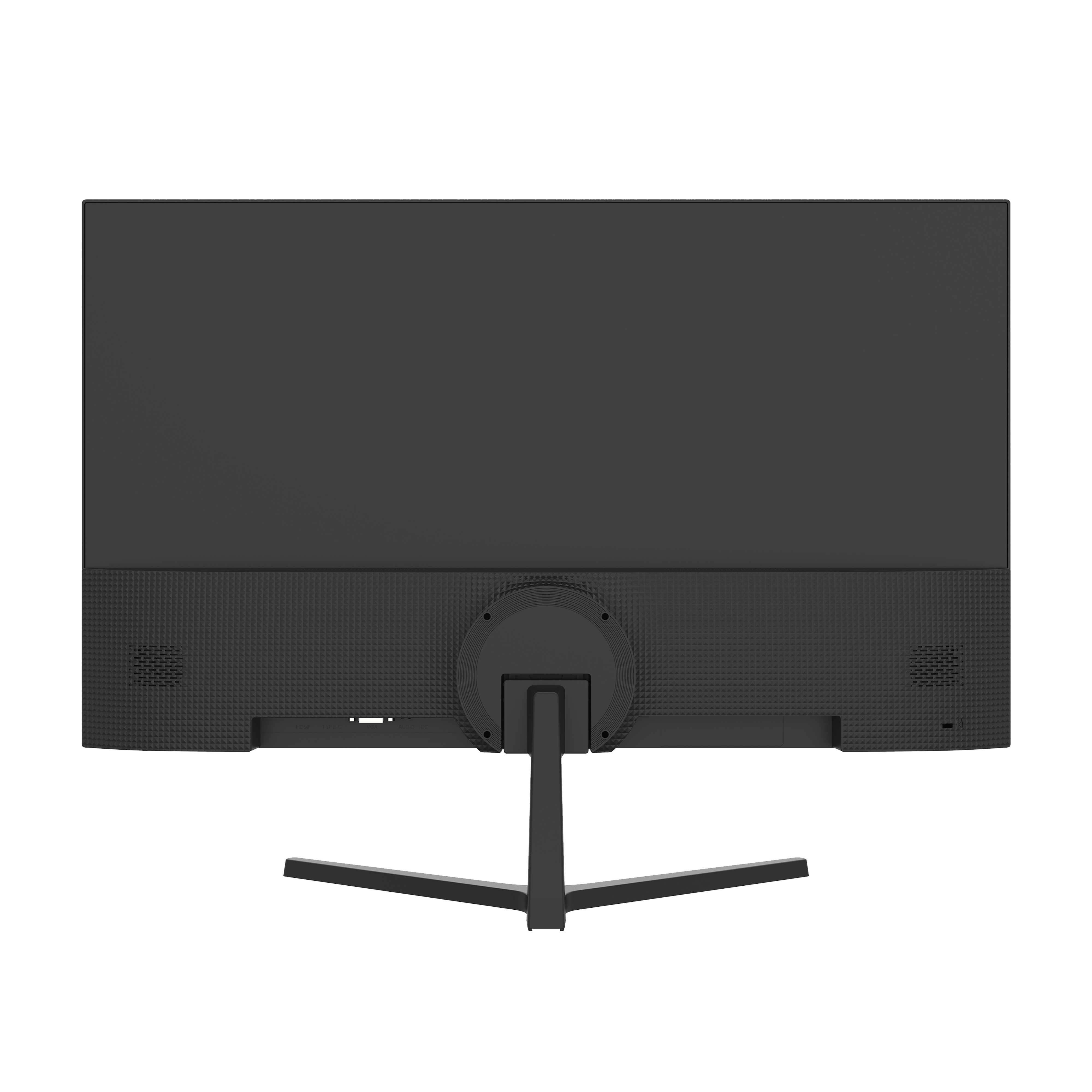 Black computer monitor back. Contains stand and vents. Black, with a circular section.  Stand is black too.