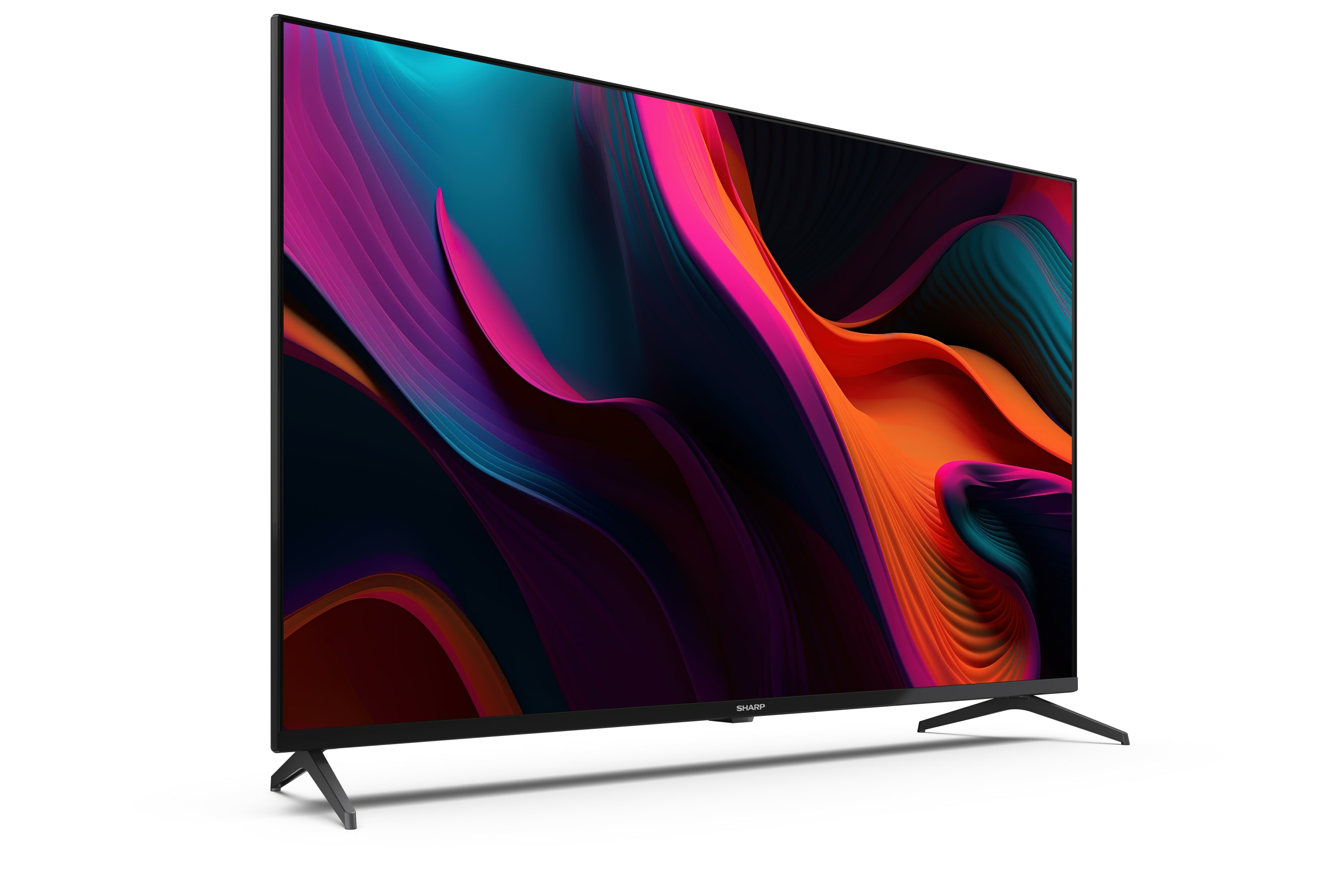 A Sharp TV displays a colorful abstract background.