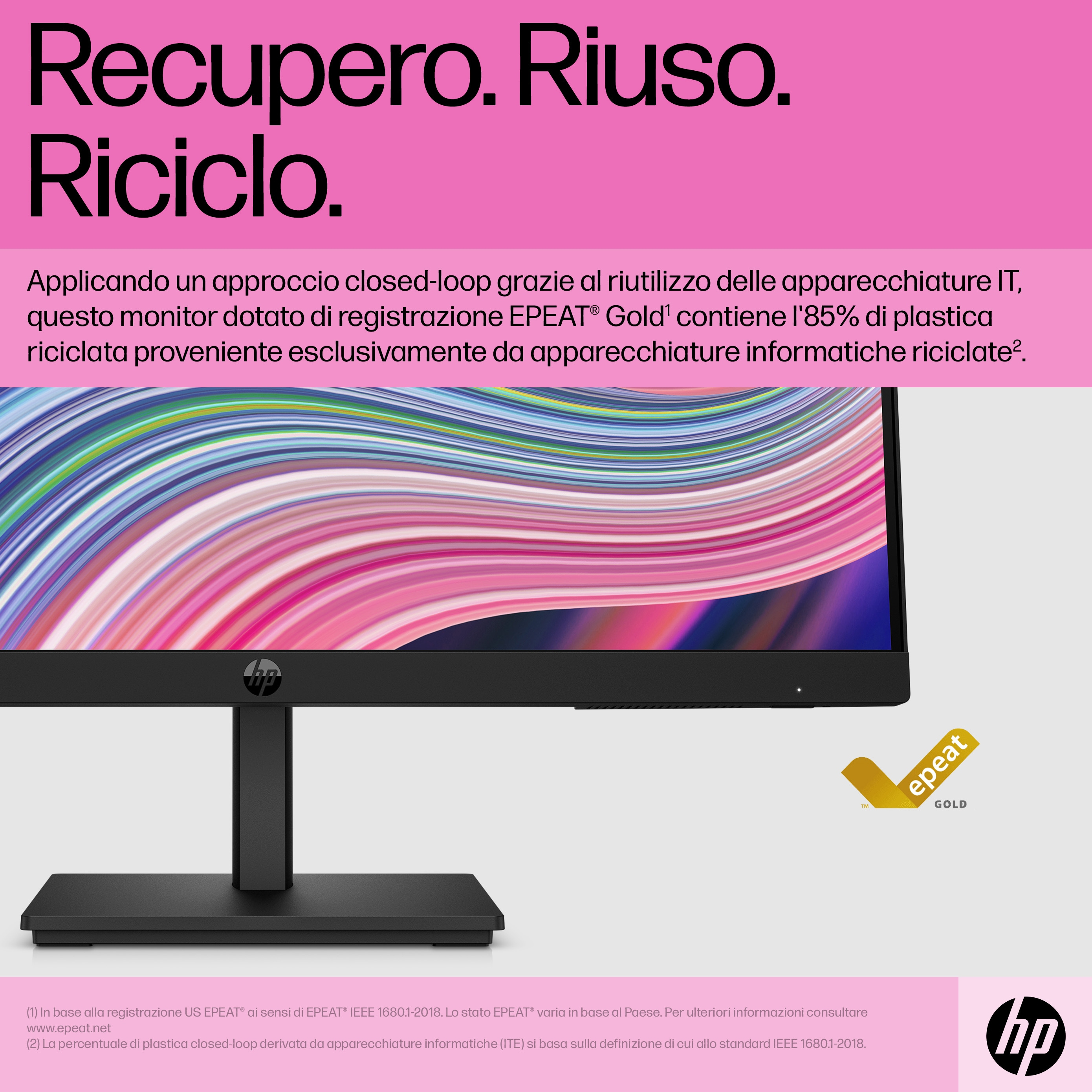 Monitor jest pokazany na białym tle z tekstem o recyklingu i logo HP.