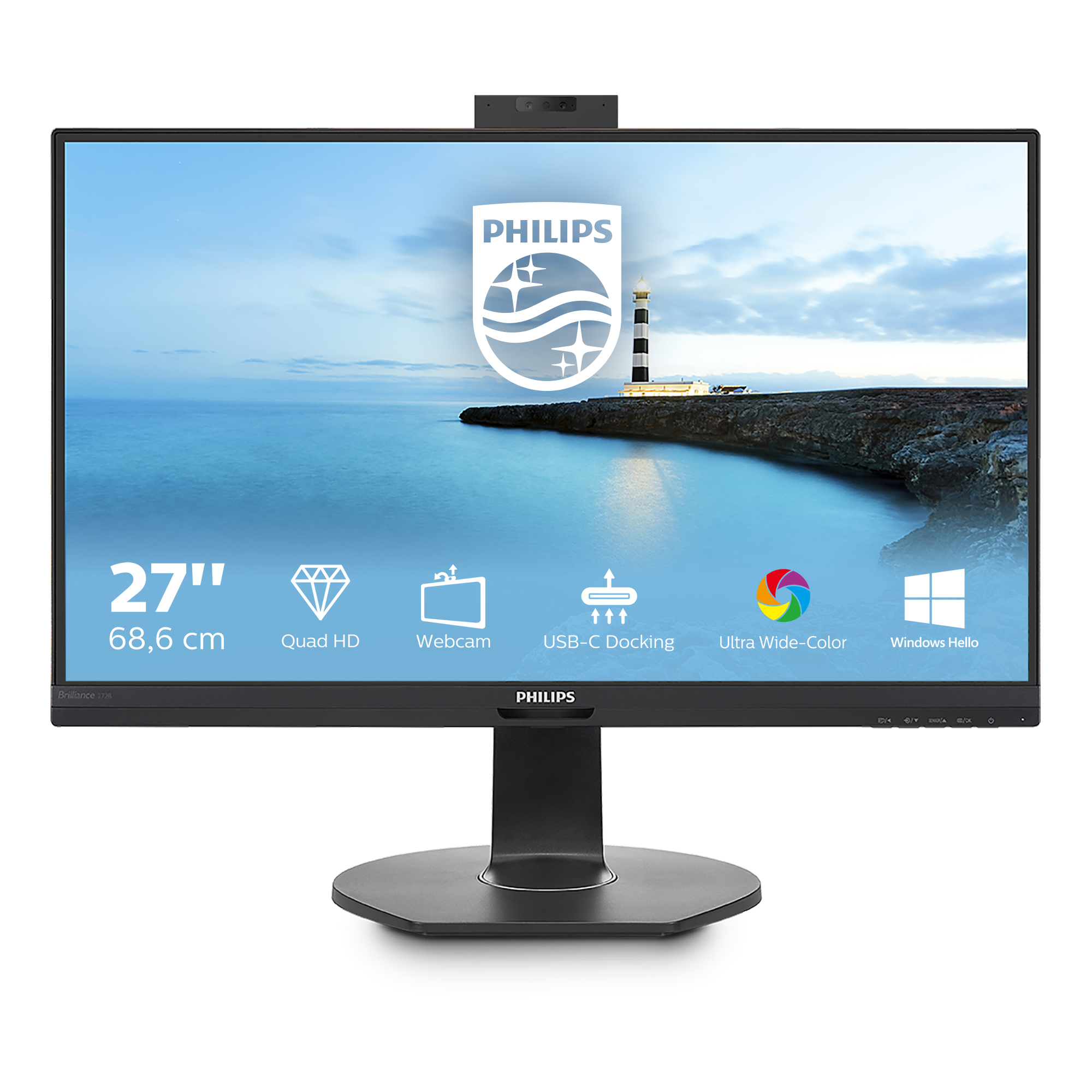 Un monitor Philips mostra una scena di mare e cielo calmi, con una webcam in alto. Include USB-C.