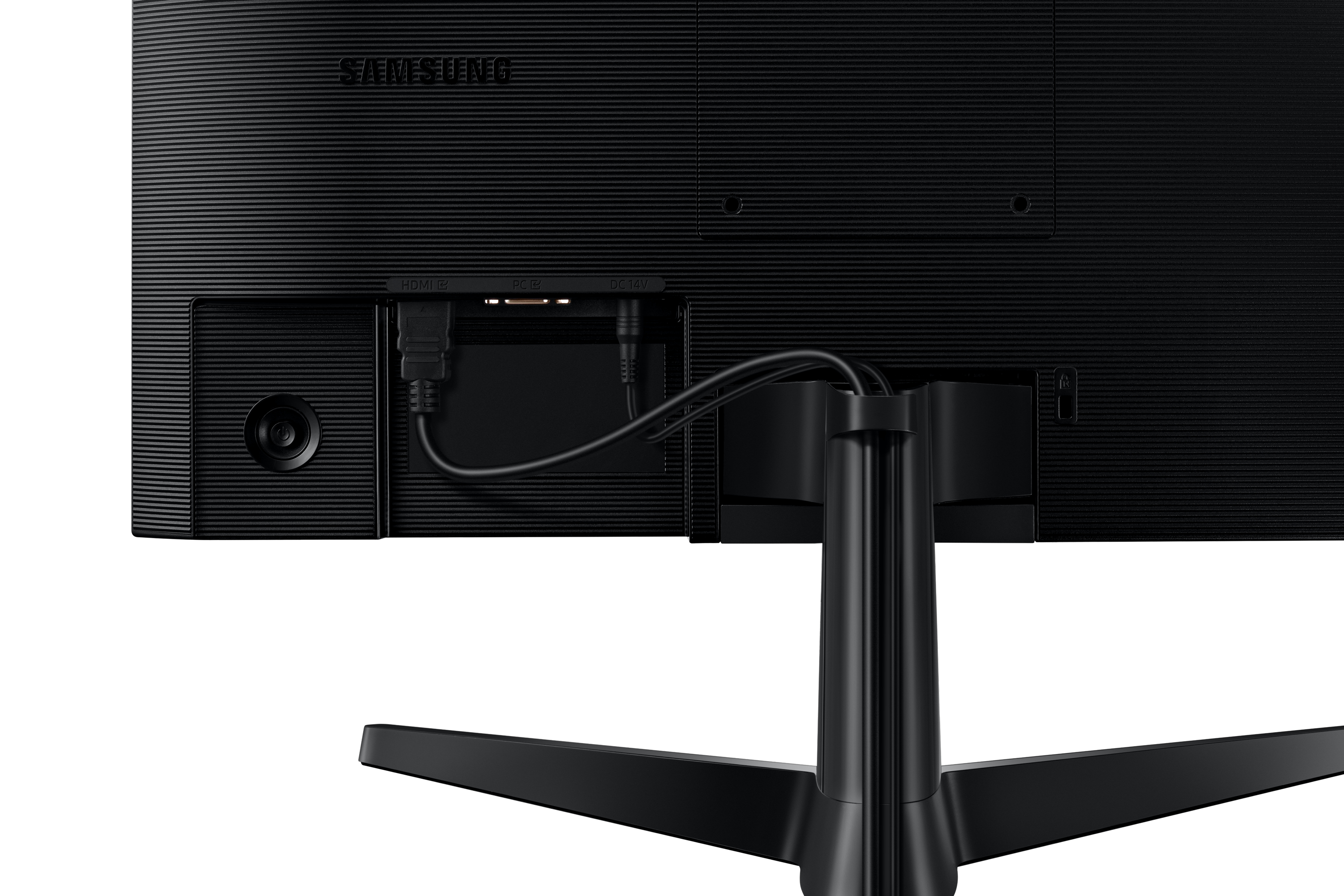 Tył czarnego monitora Samsung z wejściami i podstawą. Kable wpięte.