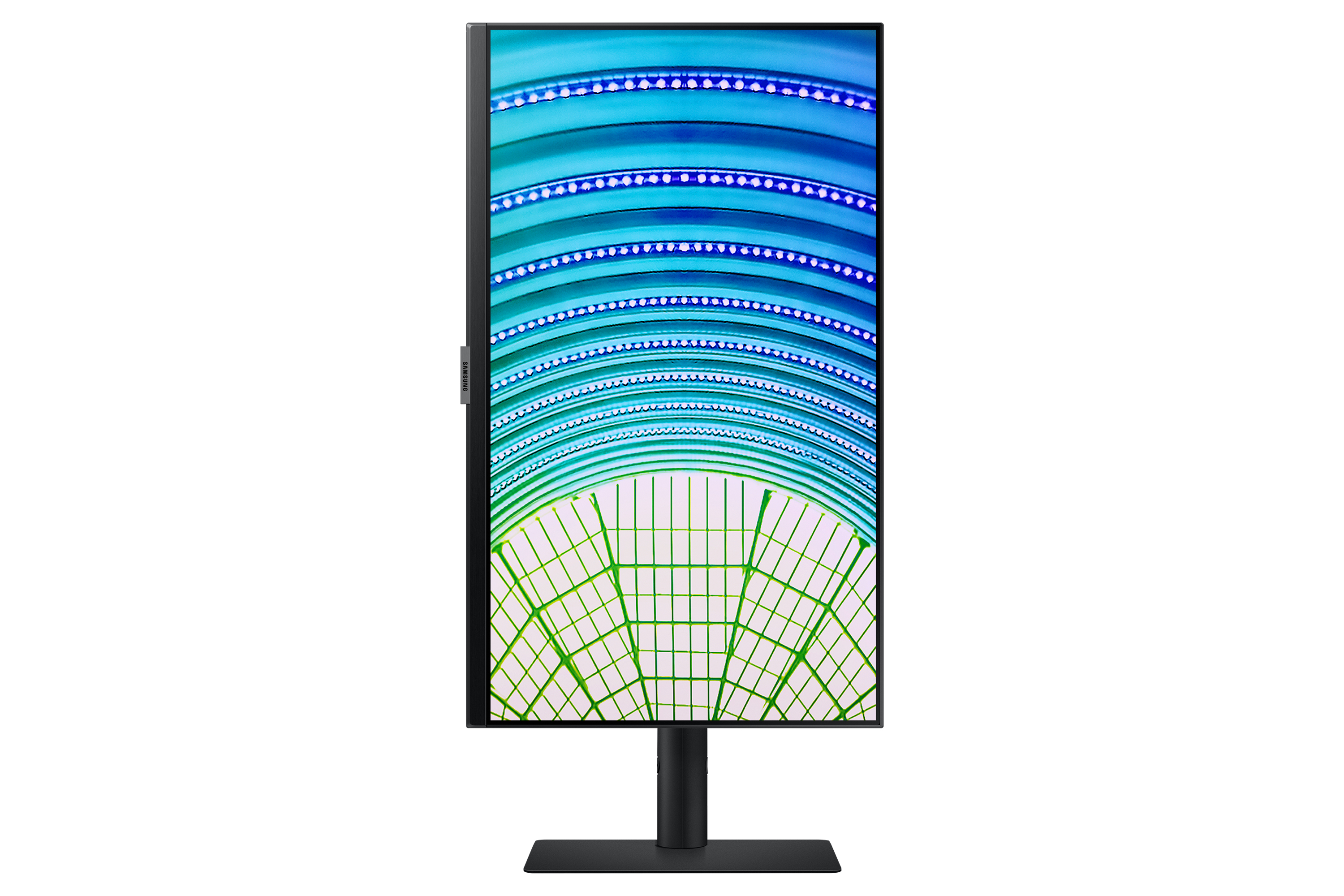 Monitor mit blauem und grünem abstraktem Display. Er hat einen schwarzen Ständer und Rahmen.