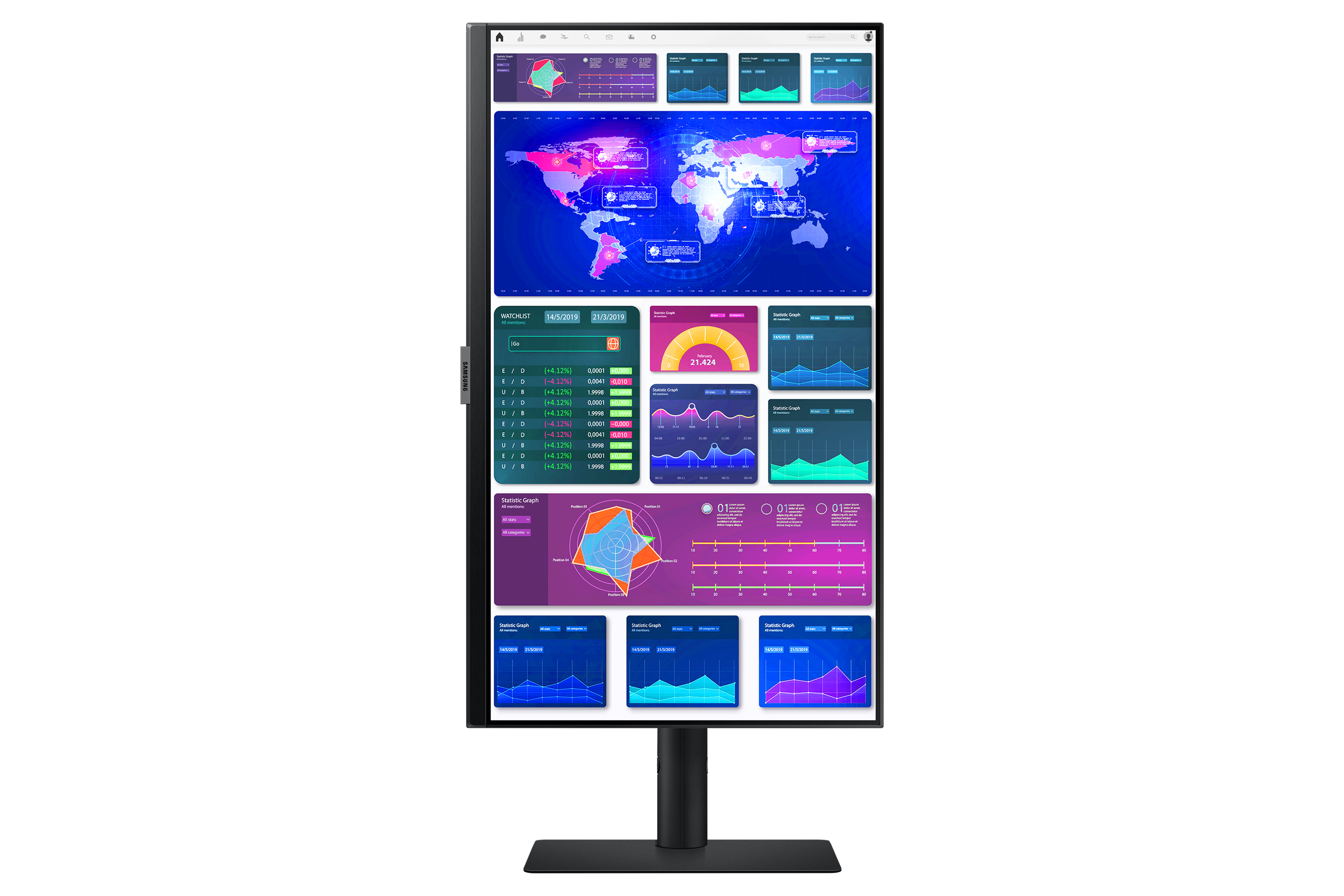 Vertikaler Monitor mit Diagrammen und Datenvisualisierungen. Daten umfassen Diagramme, Grafiken, Weltkarte und Tabellen.