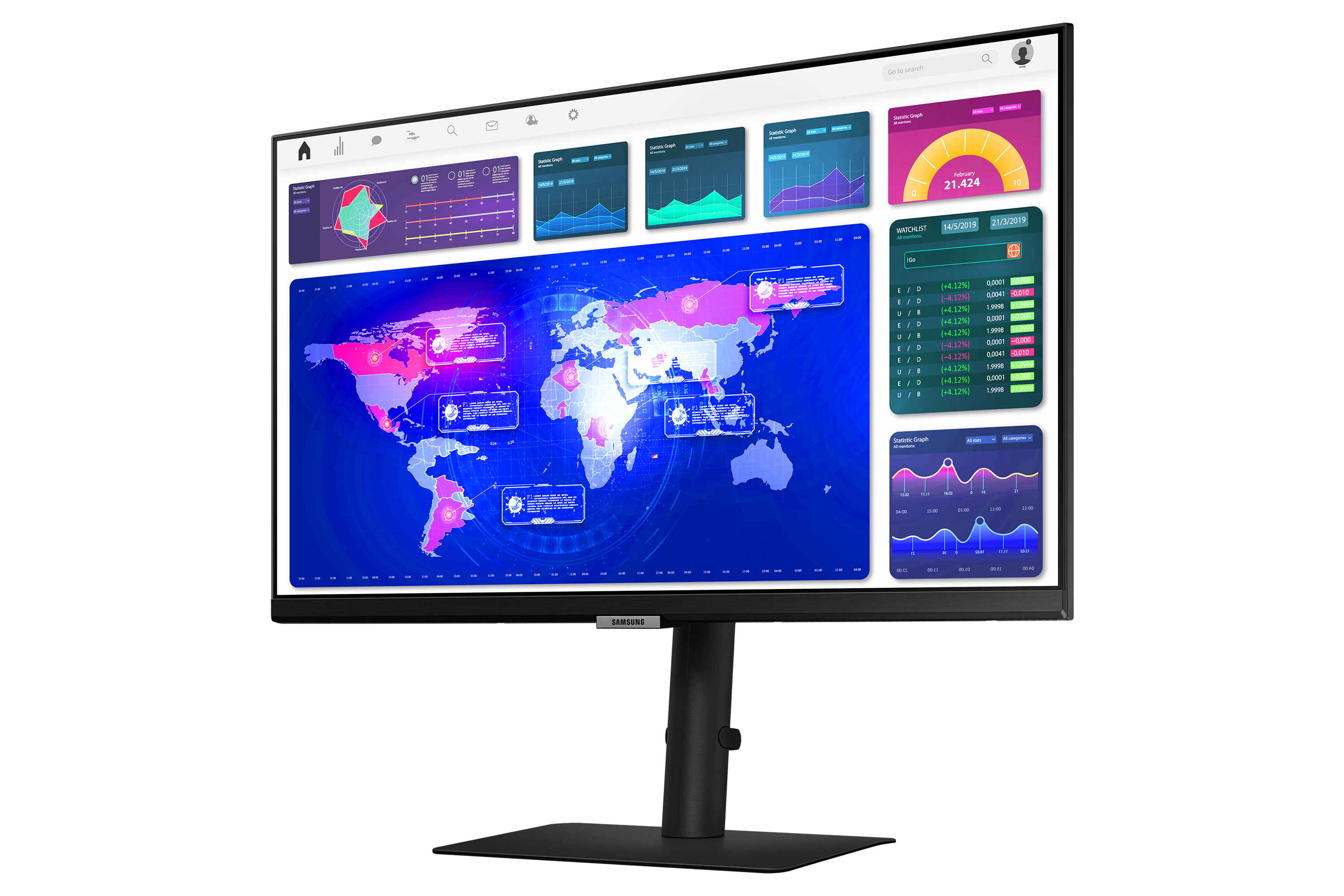 Monitor mit Weltkarte, Diagrammen und Grafiken.