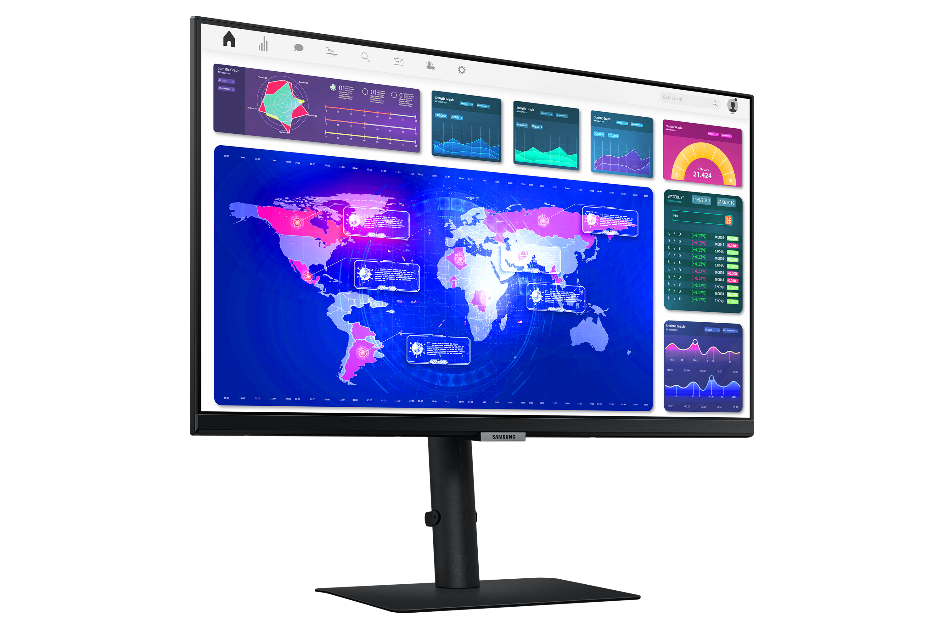 Computermonitor mit Diagrammen und Datenvisualisierungen von Weltkarten.